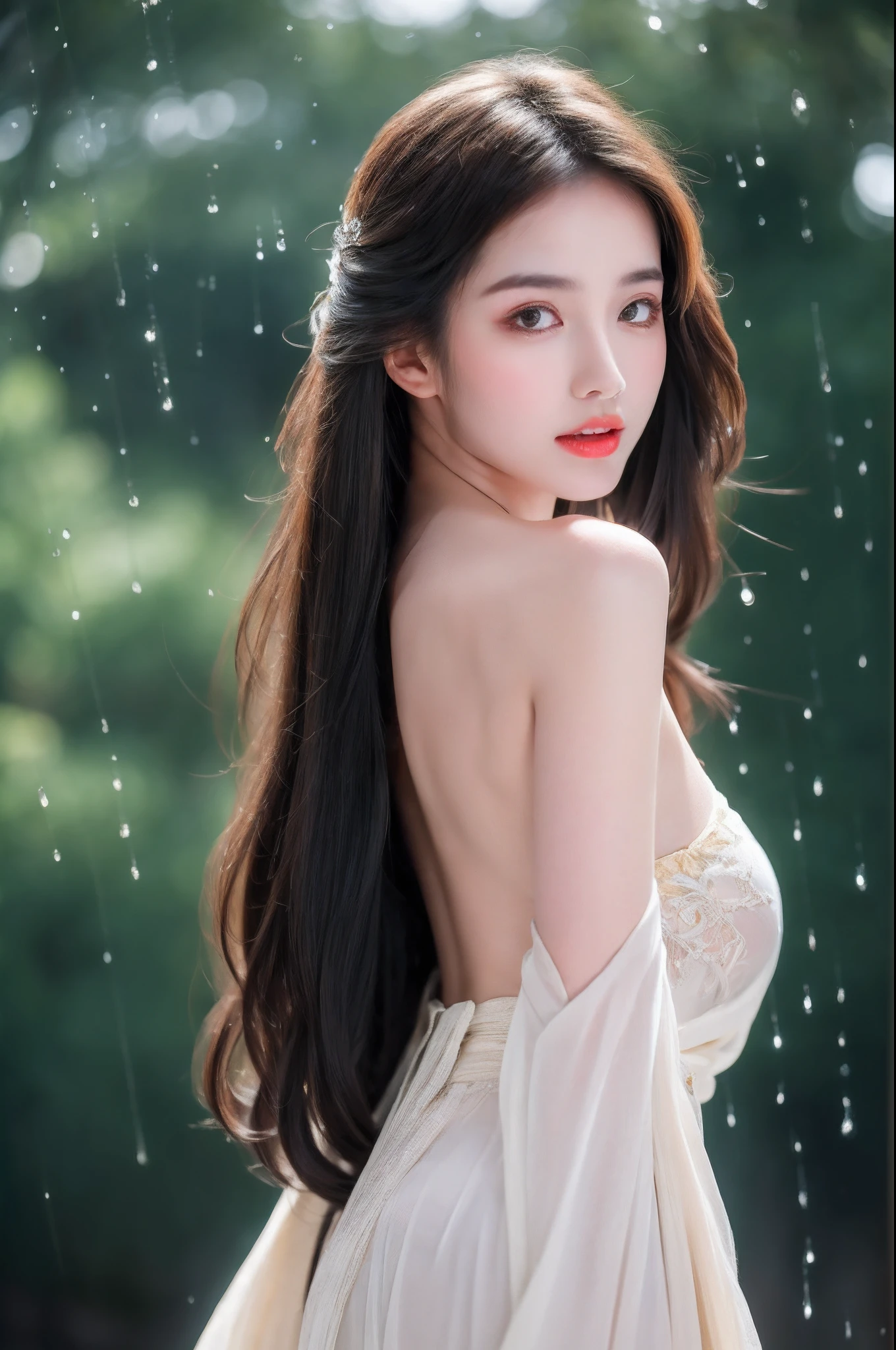 ((Best Quality, 8k, Masterpiece: 1.3)), Focus: 1.2, Perfect Body Beauty: 1.4, Buttocks: 1.2, ((Layered Haircut)), (Wet Clothes: 1.1), (Rain, Street:1.3), (Breasts: 1.2), (Hanfu: 1.2), Bare Shoulders, Bare Legs, Highly Detailed Face and Skin Texture, Fine Eyes, Double Eyelids, Whitened Skin, Long Hair, (Shut Up: 1.5), (Bokeh Background: 1.5), Big Breasts