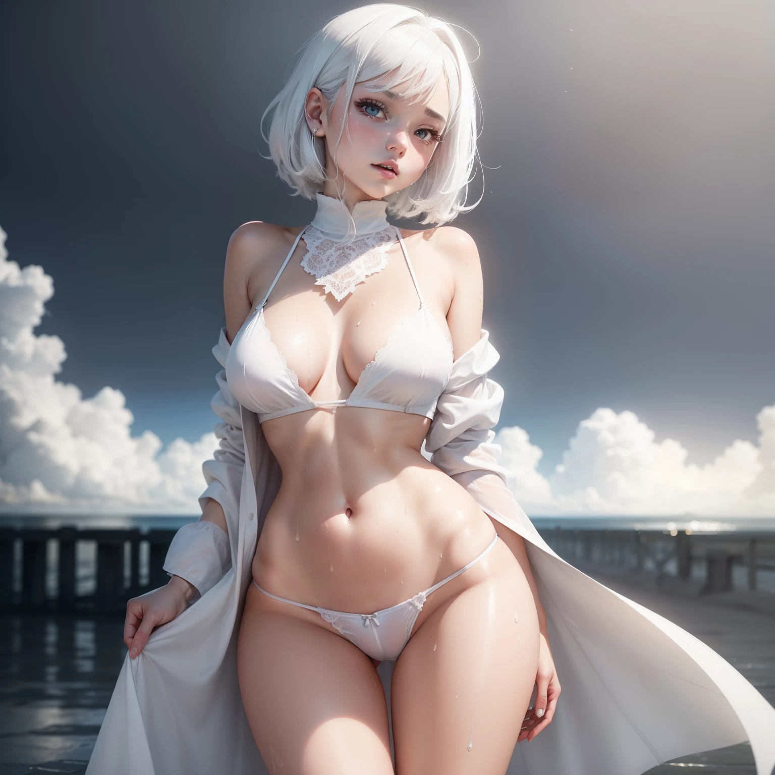A cute girl with white hair wearing an all-white dress but no bra and panties with thick white all over her body., The torso is wet with.