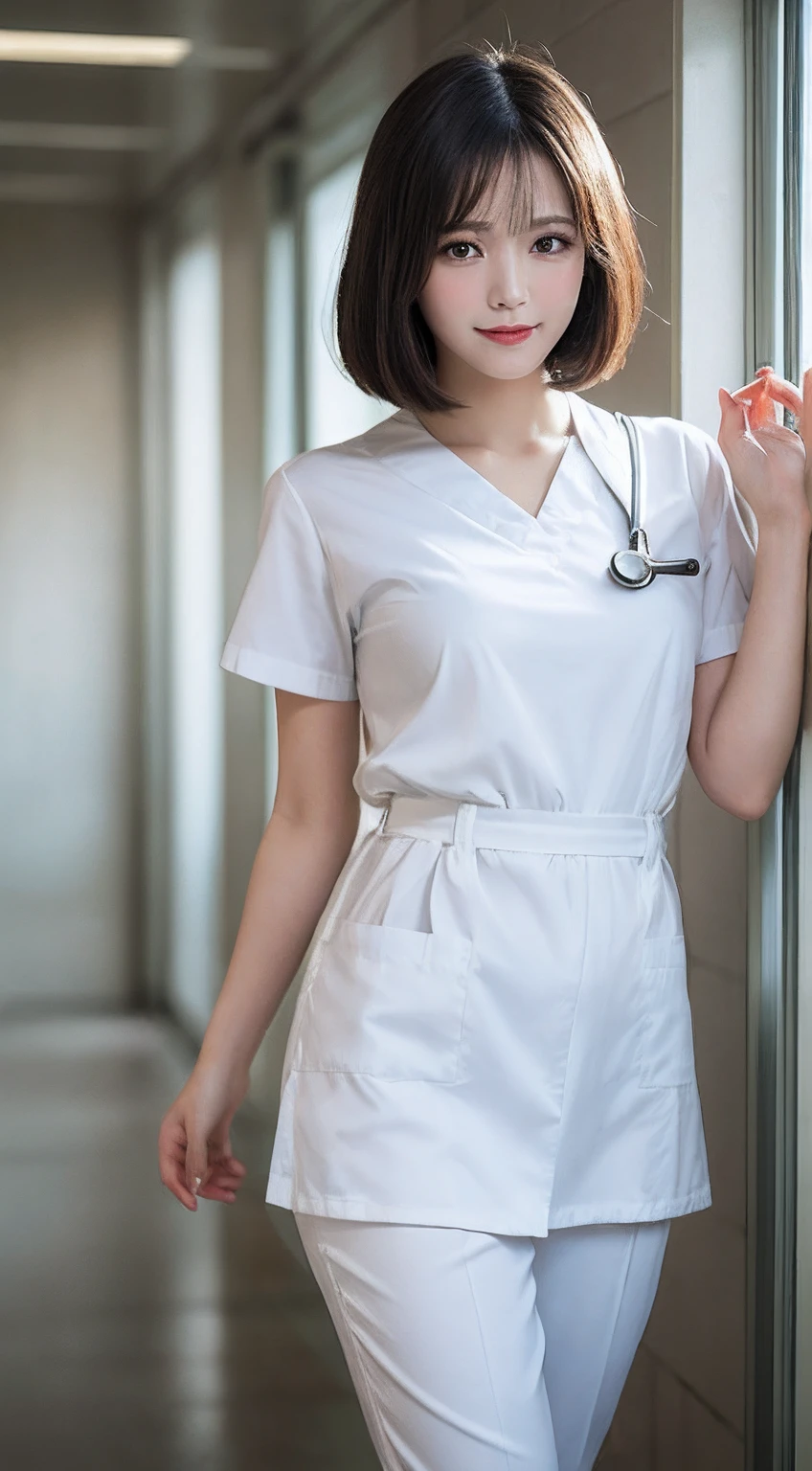 highest quality, Photorealistic, Very detailed, finely, High resolution, 8K Wallpaper, Professional, High level of detail, ((One 18 year old girl:1.2)), Slender Japanese women,Pretty lips, (Beautiful long lashes:1.2)、Detailed clavicle, Perfect Face, (Cute short bob hair:1.5),Top Quality,Ultra-clear resolution,Clear Eyes,Sunburned skin,Perfect large breasts,have perfect legs,Focus on the legini skirt、(White nurse uniform on bare skin:1.5)、(An inviting, seductive face:1.5)、(Sexy pose in hospital room:1.5)、