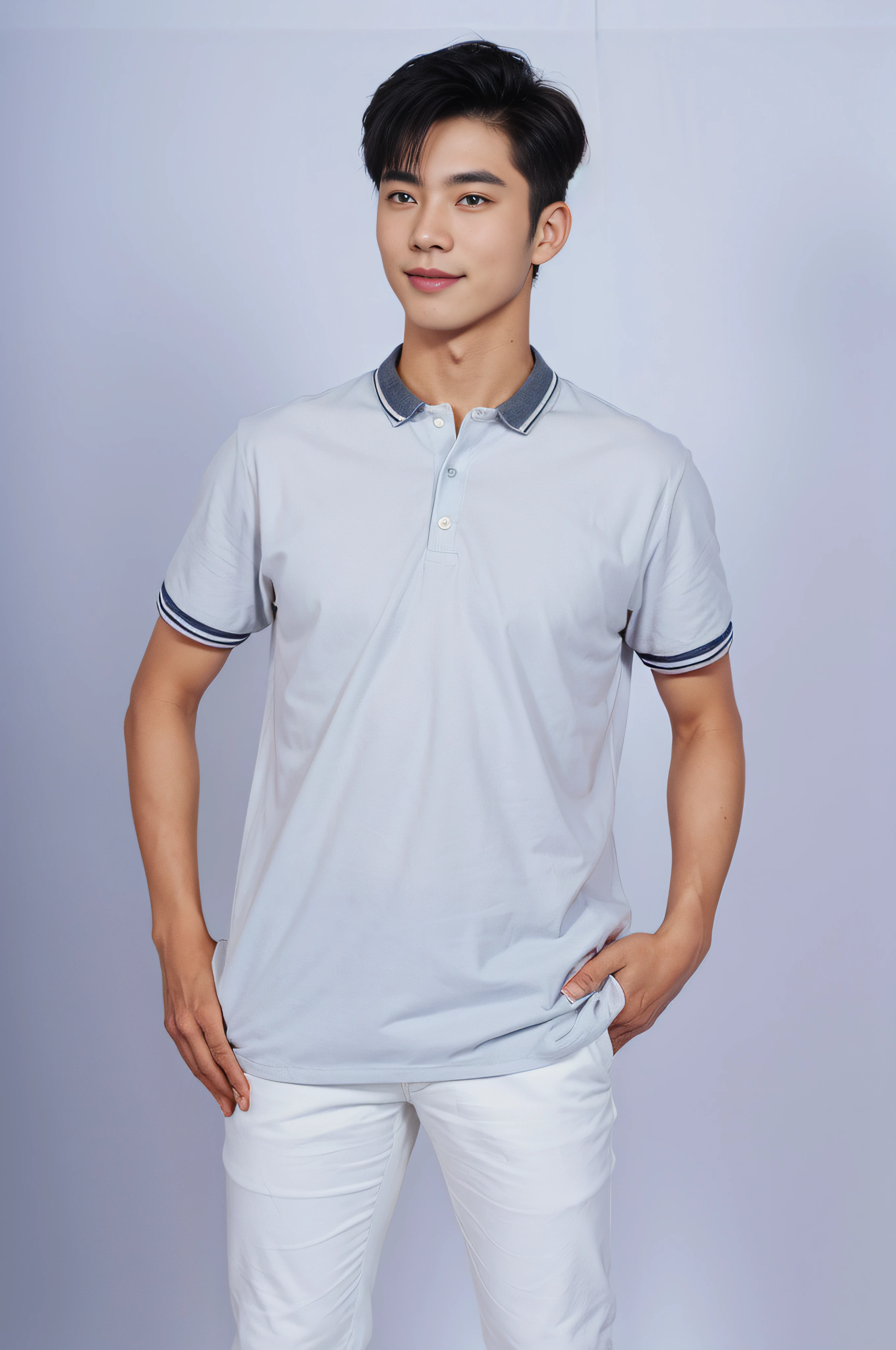 A boy wearing short sleeves and jeans, hands crossed, Star face,ssmile, Handsome face,with long bangs,Nicholas