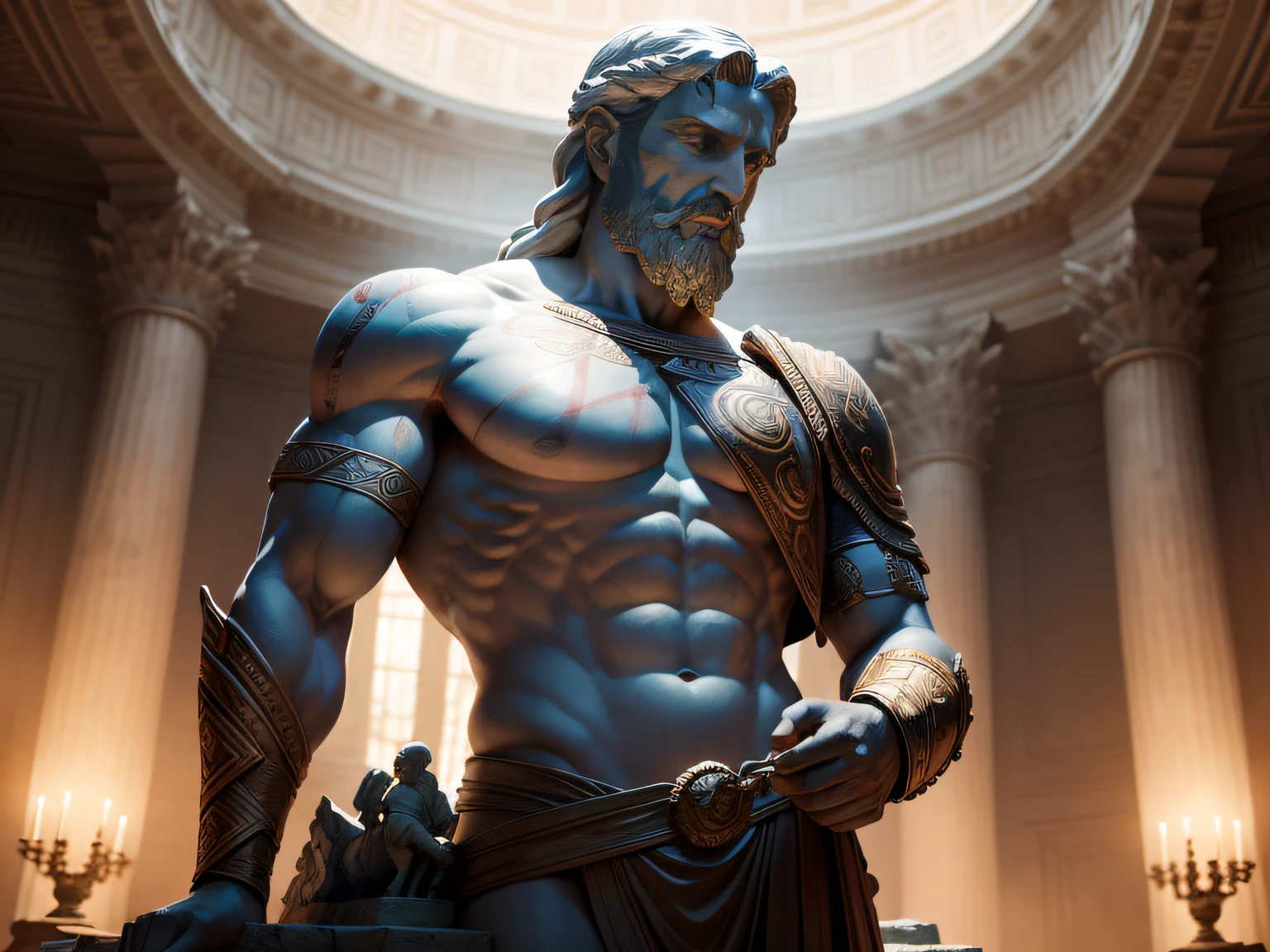 Illustrate an inspiring 8K scene capturing the essence of a respected 3rd century Greek thinker.C., incarnated as a statue in the iconic style reminiscent of 'God of War'. Pitting the statue against a suspenseful atmosphere, envolvendo-o com ambientes borrados. Use grand lighting to cast shadows that chronicle an engaging and intricate journey.