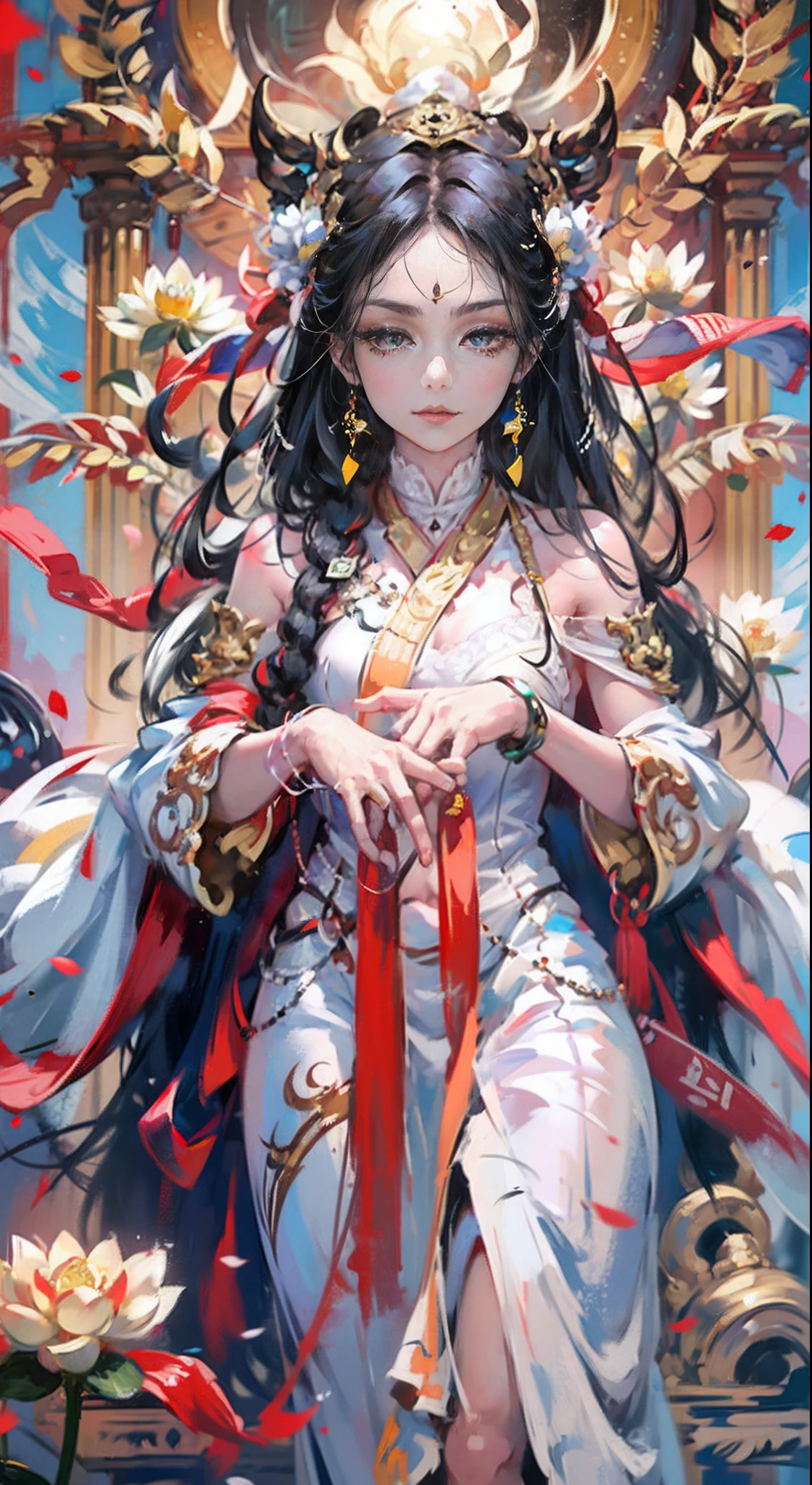 （Chinese immortals）, （Buddhism）, Multip_Hands，（mythological stories）, （bodhisattva）, She sits on a lotus, （Three hands on the left，Three hands on the right, Each hand holds a different Buddhist vessel, left right symmetry），（Delicate and beautiful face）, （White silk robe）sitting on a lotus flower, Frontal photo，Light smile, neo-classical, OP Art, Chiaroscuro, Cinematic lighting, god light, Ray tracing, character sheets, projected inset, first person perspective, hyper HD, Masterpiece, ccurate, Textured skin, Super detail, High details, High quality, Award-Awarded, Best quality, A high resolution, Exquisite and perfect facial features，美丽细致的眼睛，long eyelasher，Delicate eyeliner，almond eyes，Beautiful lip details，8K high-definition，anatomy correct，Oil painting thick painting style