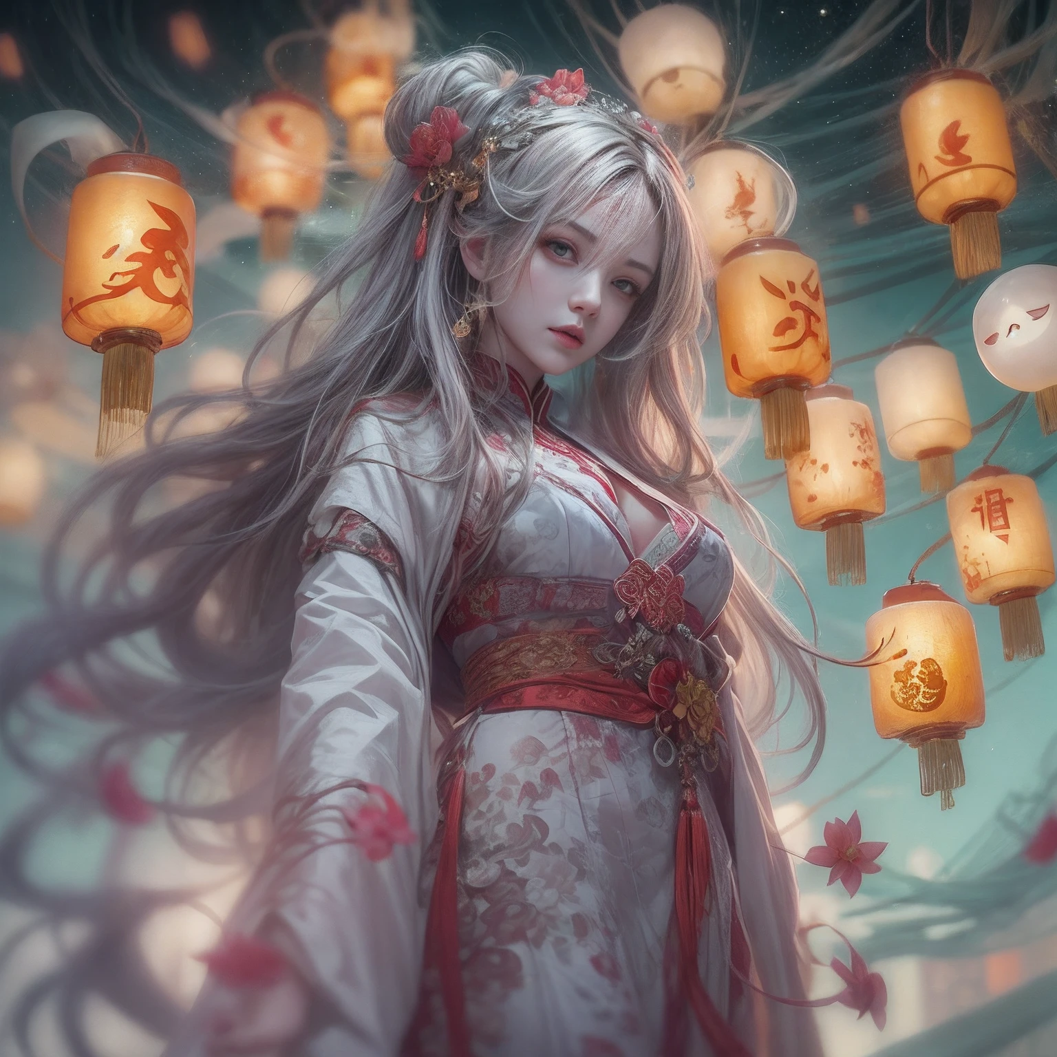 1girll，Pick up the candlelight,??????? correct,long whitr hair，White robe，Delicate pattern，Oriental elements，Chinese lanterns，Lotus lanterns float in the river，Ink painting style, Clean colors,Spooky space, Soft lighting, ( Bokeh)，Masterpiece, Super detailed, Epic composition, Highest quality, 4K，Chinese Ghost Festival，Middle Metaverse，The breath of a ghost，arte de terror，Creepy weirdness，terroral，horrid，horrid，horrid，真实感，