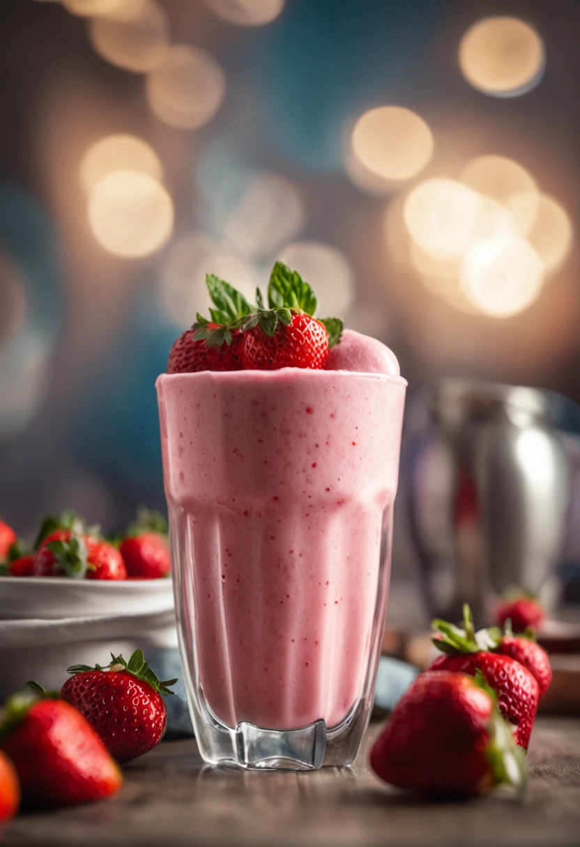 RAW photo, strawberry milkshake, foodphoto, professional colour grading, soft shadows, no contrast, clean sharp focus, foodphoto,