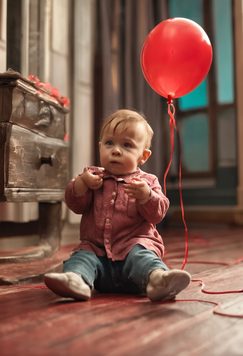 2-year-old child, loira, sitting on the scale, holding a red balloon