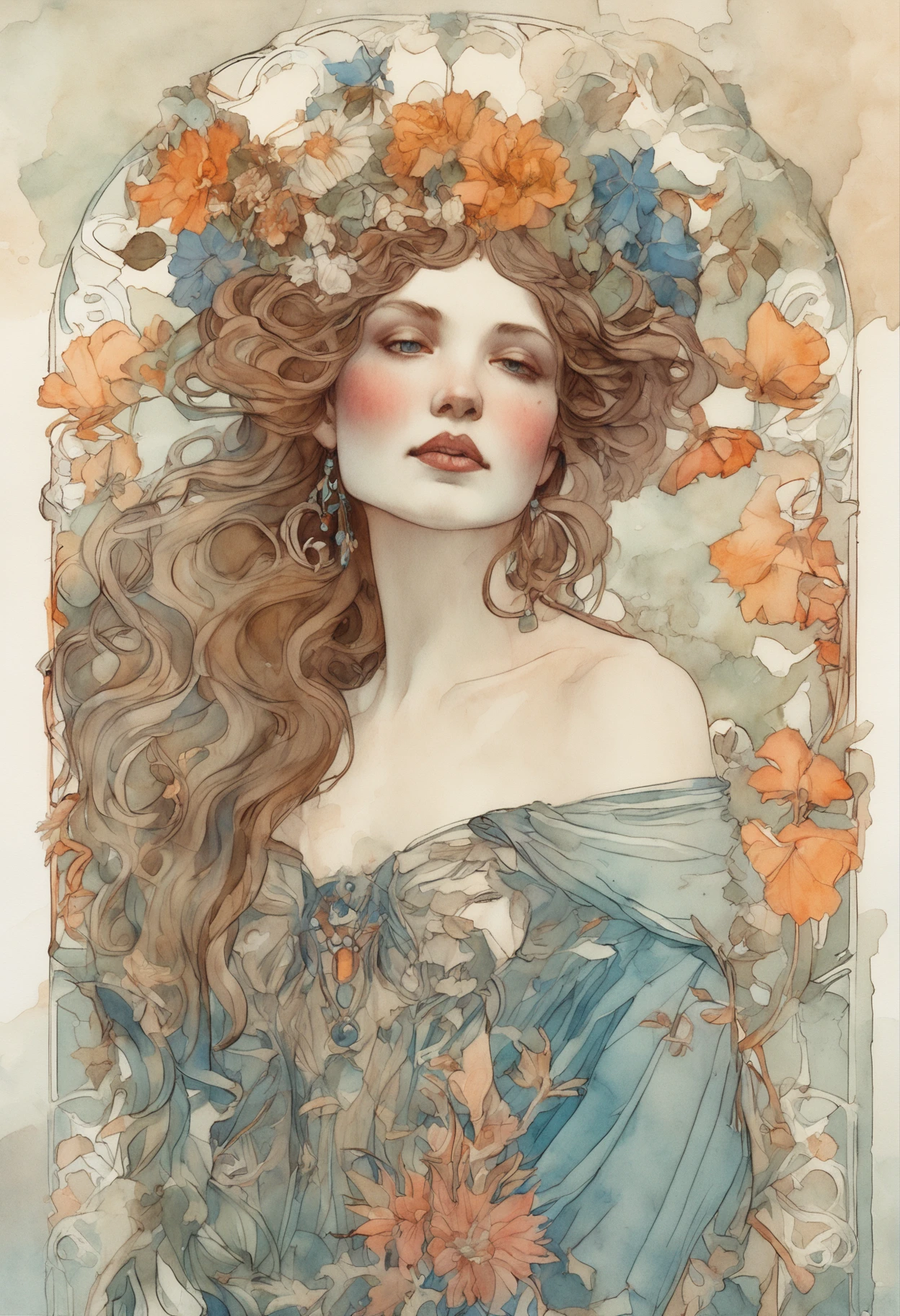 A super detailed watercolor painting，A beautiful woman with flowers in her hair, In the style of Alphonse Maria Mucha and Gustave Kilmut, Art Nouveau accents, fairy princess, Anthropomorphic female, Female figure, Detailed cover artwork, As the goddess of flowers, Alphonse Mucha, Gustav Klimt, pale bluish skin, a marble sculpture, CGSesociety, Gothic art, Art Nouveau, behance contest winner