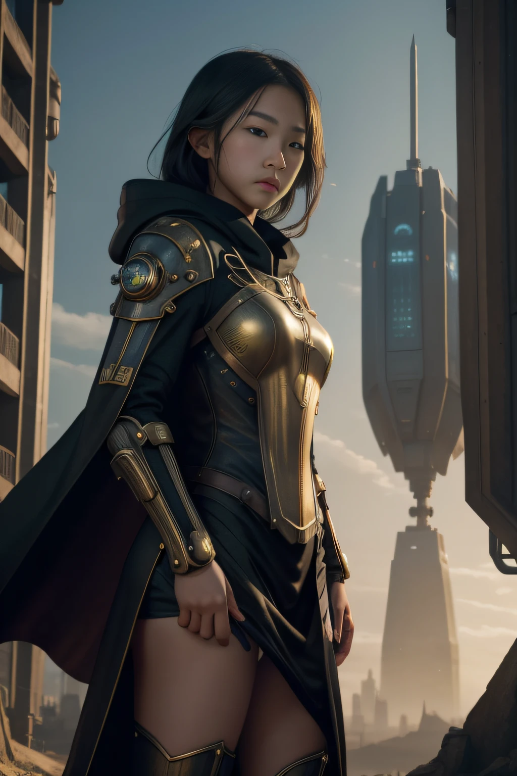 1 girl, young, 16 years old, Asian, full body from head to toe, Realistic, Realistic face, worried, looks over shoulder, side lighting, wallpaper, looks at viewer, futuristic steampunk buildings in background, Long cape and hood, earth ground, exterior, hold a crossbow, fight steampunk robots, dragon logo,