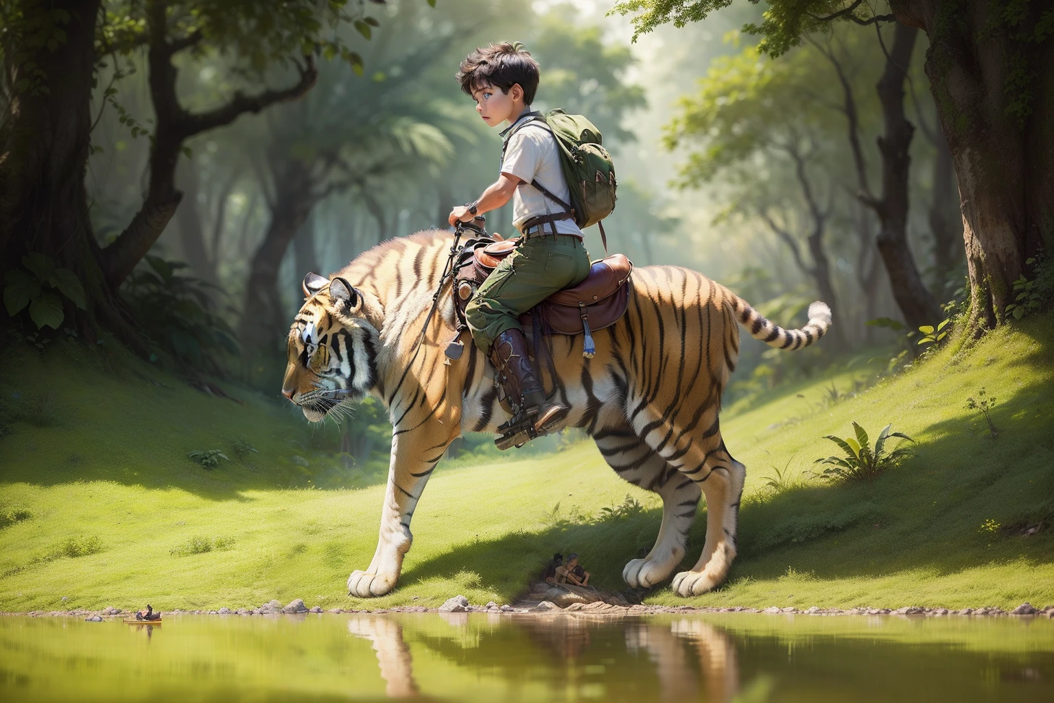 (Best quality:1.33), (Masterpiece:1.42), (realisticlying:1.24), (Detailed:1.15), 1boys, On the back of a wild tiger,Dense jungle, mystical ambiance, Feel the power of nature, Exploration and adventurous spirit