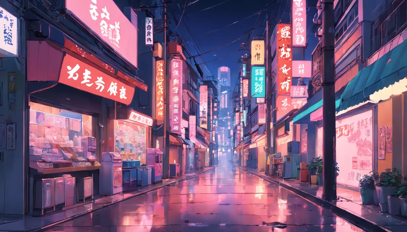 Animated street scene with neon signs and buildings, Hip Hop Lofi, Elogio Artstyle, Arte Lofi, Chillhop, ZERO, fundo do filme anime, Koto no ha no niwa, Fundo do anime, lofi aesthetic, Wit Studio Anime, album art ZERO, Rophy Tecnologia, ZERO vibrations, Lofi Sensation, Lofivibe