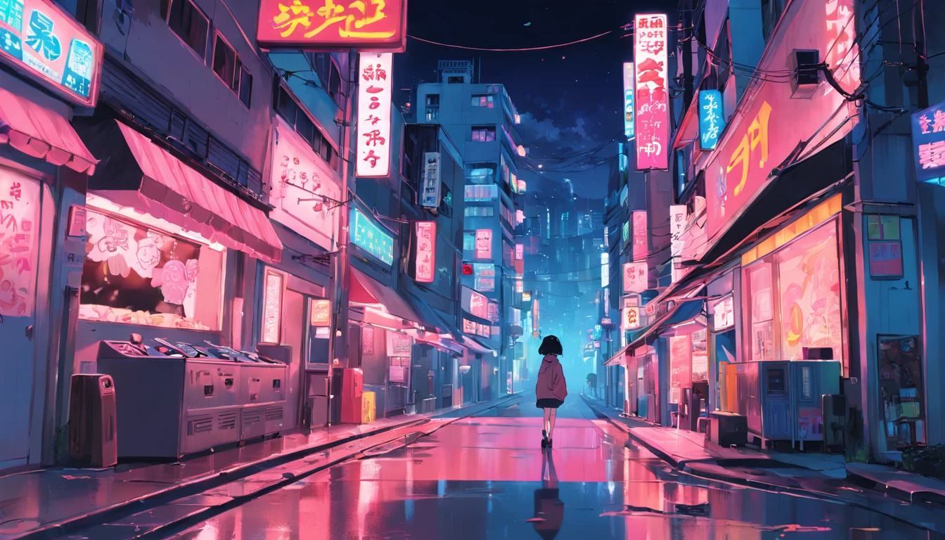 Animated street scene with neon signs and buildings, Hip Hop Lofi, Elogio Artstyle, Arte Lofi, Chillhop, ZERO, fundo do filme anime, Koto no ha no niwa, Fundo do anime, lofi aesthetic, Wit Studio Anime, album art ZERO, Rophy Tecnologia, ZERO vibrations, Lofi Sensation, Lofivibe