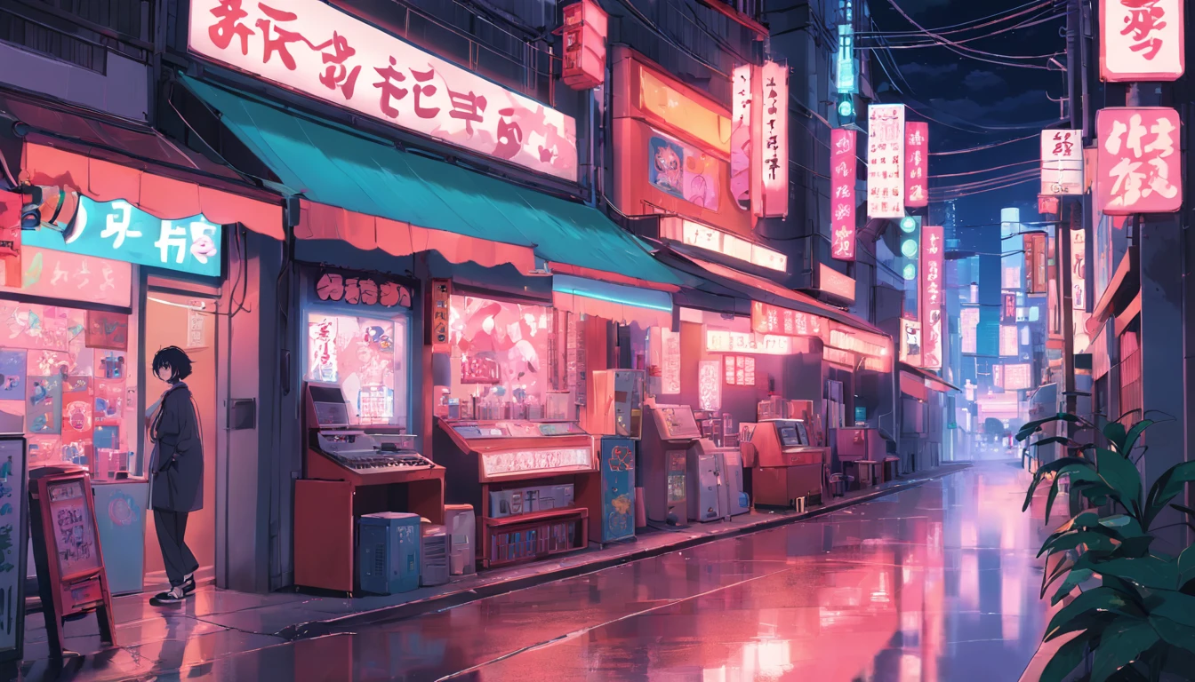 Animated street scene with neon signs and buildings, Hip Hop Lofi, Elogio Artstyle, Arte Lofi, Chillhop, ZERO, fundo do filme anime, Koto no ha no niwa, Fundo do anime, lofi aesthetic, Wit Studio Anime, album art ZERO, Rophy Tecnologia, ZERO vibrations, Lofi Sensation, Lofivibe