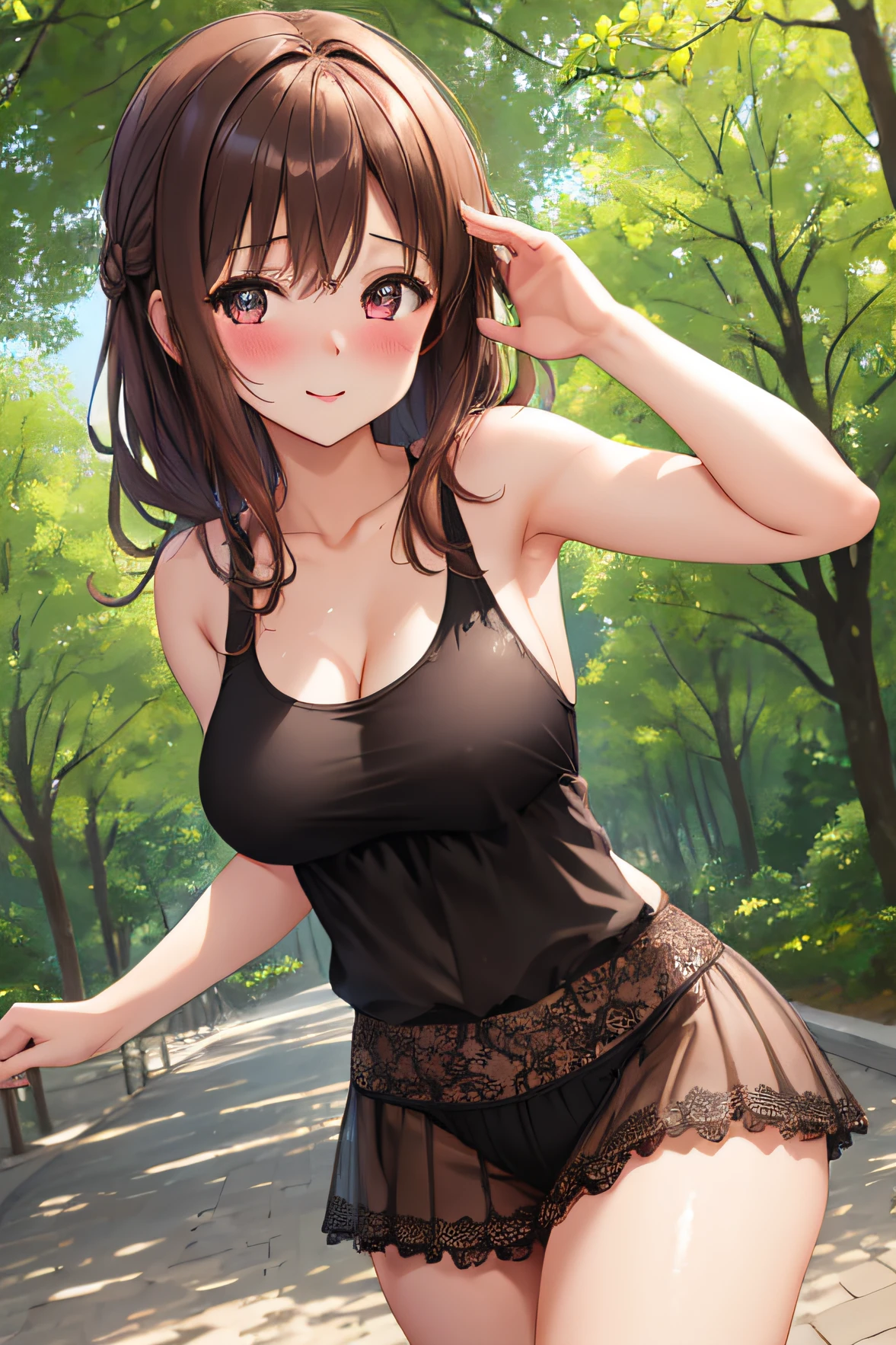 (masterpiece), (best quality), (ultra detailed), 1girl, ssexy pose, blush,medium breasts, wearing lacy tank top, happy, looking at viewer, large hair, brown hair, in the park with trees, shy