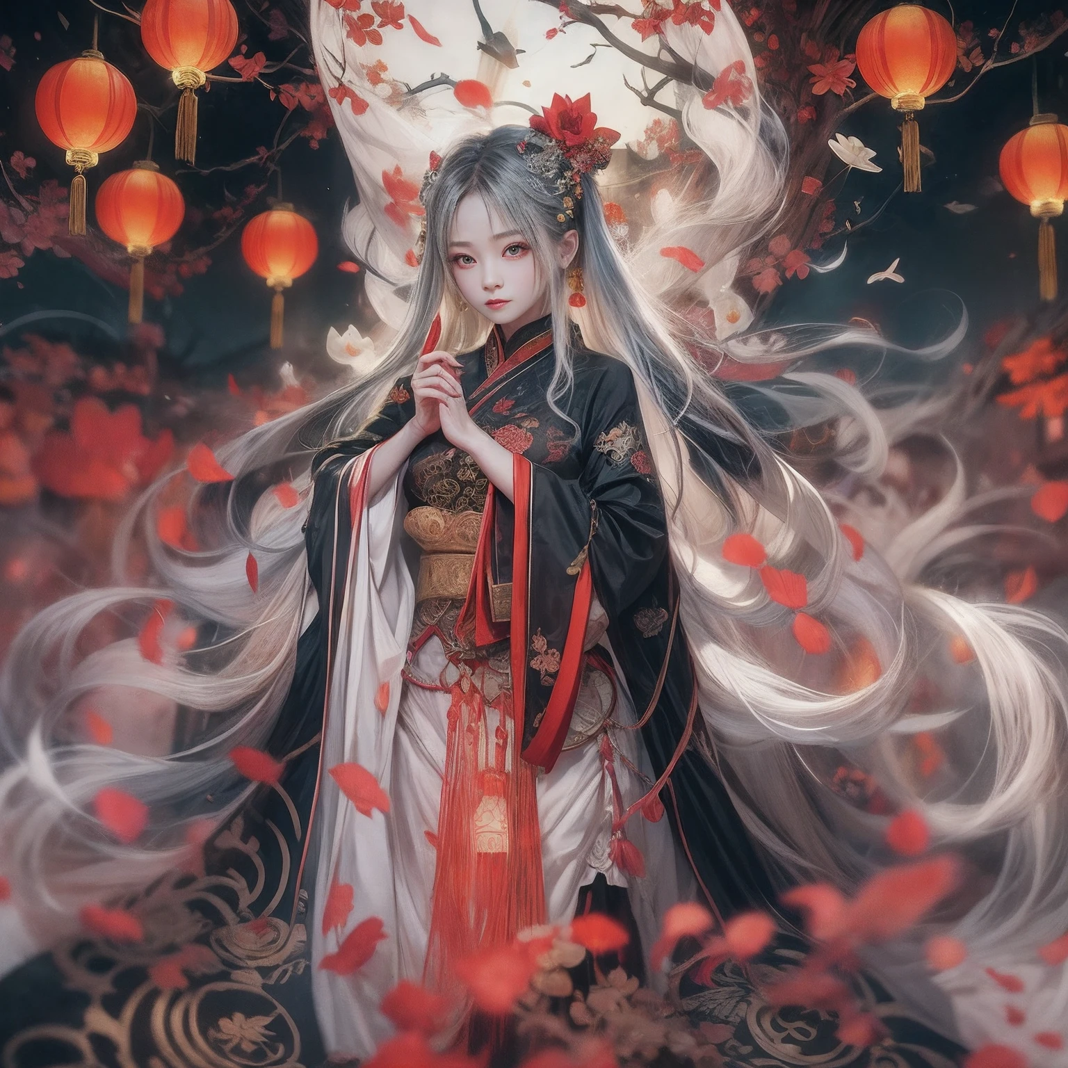 1girll，Take the lotus lantern,anatomy correct,long whitr hair，Black robe，Delicate pattern，Oriental elements，Chinese lanterns，Ink painting style, Clean colors,Red space, Soft lighting, ( Bokeh)，Masterpiece, Super detailed, Epic composition, Highest quality, 4K，Chinese Ghost Festival，Middle Metaverse，The breath of a ghost，arte de terror，Creepy weirdness，terroral，horrid，horrid，horrid，真实感，