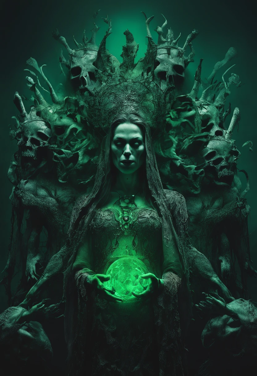 The ritual of The Queen of the Damned, Depressed Side of Humanity, Alberto Seveso, artstation, Dark, and highly detailed digital painting of a group of necromancers summoning a powerful undead creature, with a greenish glow and occult symbols in the background in the style of art by zdislav beksinski and wayne barlowe, the image should have a sharp focus, Intricate details, and be trending on artstation.