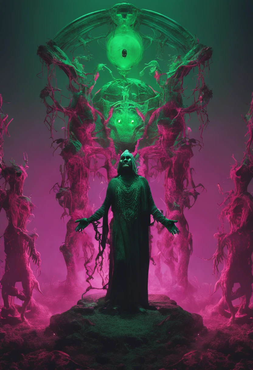 The ritual of cursing the queen, The depressive side of human nature, Alberto Seveso, art stations, Dark, and a highly detailed digital painting of a group of necromancers summoning powerful undead creatures, With a green glow and mysterious symbols in the background,With the artistic style of Ztyslav Beksiński and Wayne Barlow, The image should have a clear focus, Intricate details, And became a trend on ArtStation.
