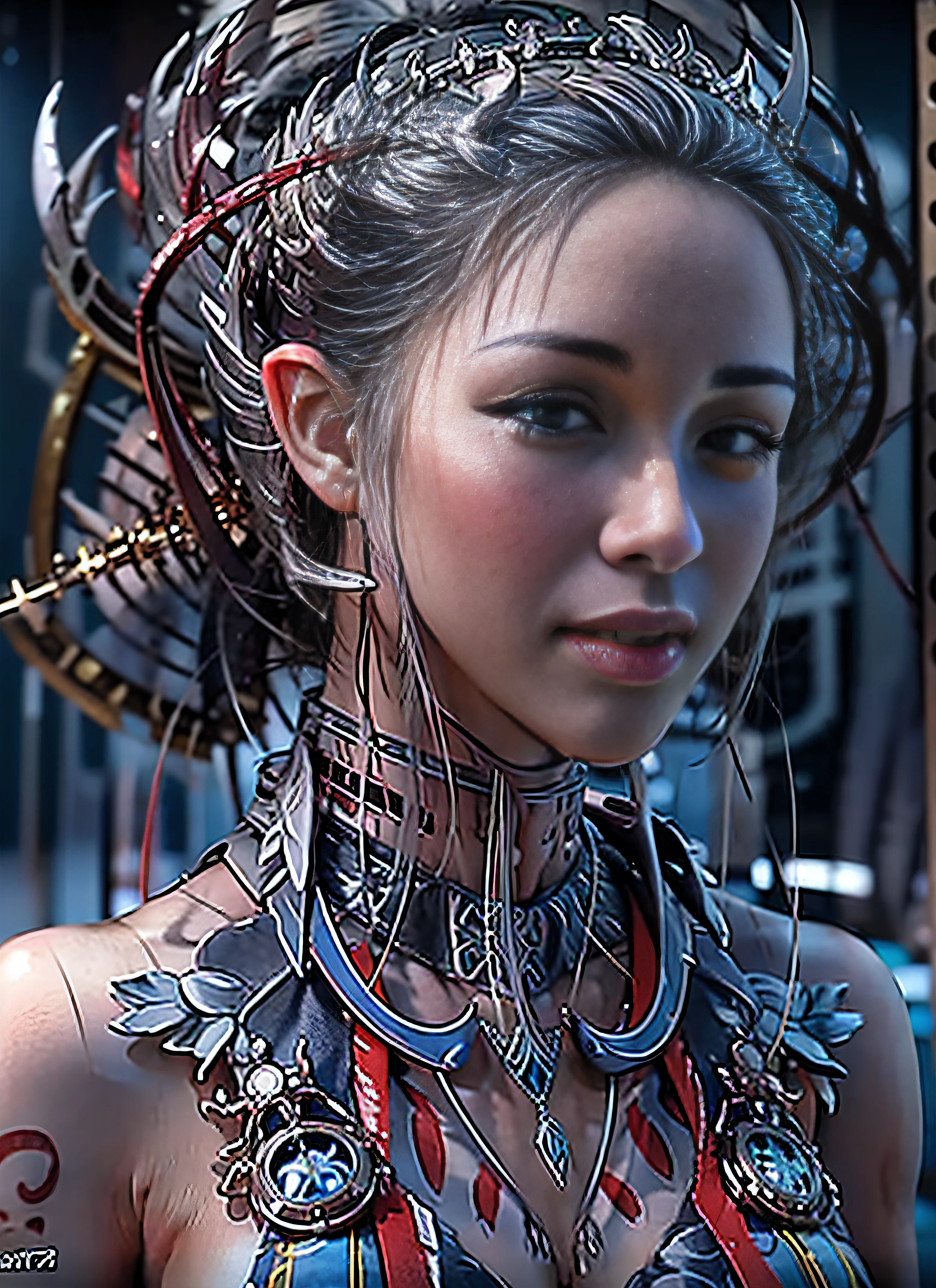 1mechanical girl,((ultra realistic details)), portrait, global illumination, shadows, octane render, 8k, ultra sharp,metal,intricate, ornaments detailed, cold colors, egypician detail, highly intricate details, realistic light, trending on cgsociety, glowing eyes, facing camera, neon details, machanical limbs,blood vessels connected to tubes,mechanical vertebra attaching to back,mechanical cervial attaching to neck,sitting,wires and cables connecting to head