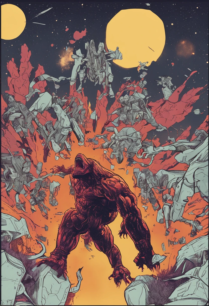 ( best quality ) a giant , skullcrawler ( monster of the movie Kong : Skull island ) seen in profile on a landscape who's like a desert with a red/orange sky, crawling in the ground ( detailed ) 