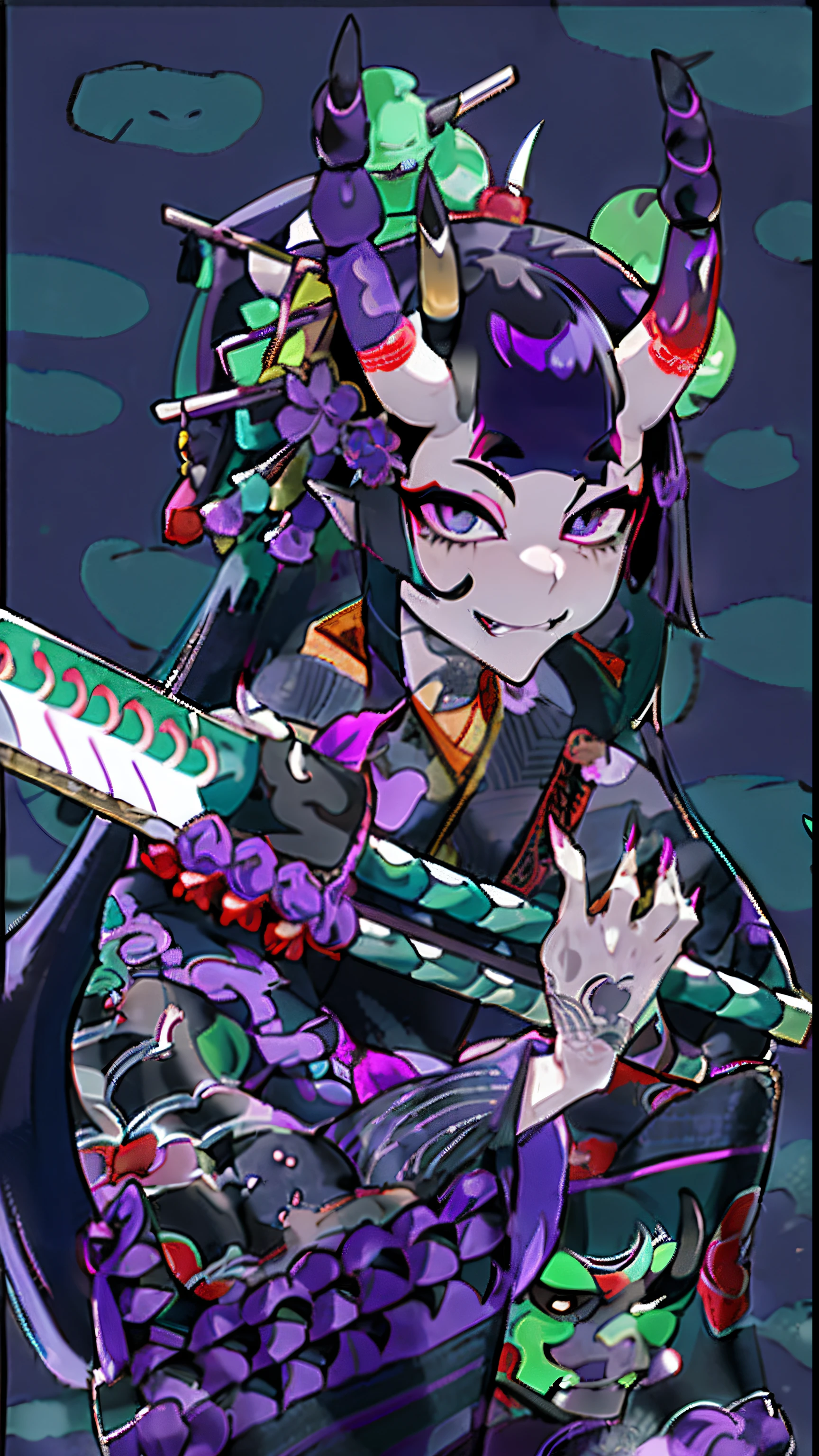 Make a Japanese woman with oni horns long black hair with her body covered in tattoos, her expression is mischievous and seductive, purple and black color palette with green background, she is holding a naginata.