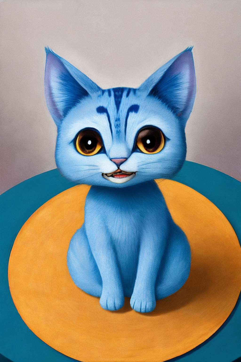 A blue cat with big eyes,Round face,Short limbs,teeth showing,Lie on the table