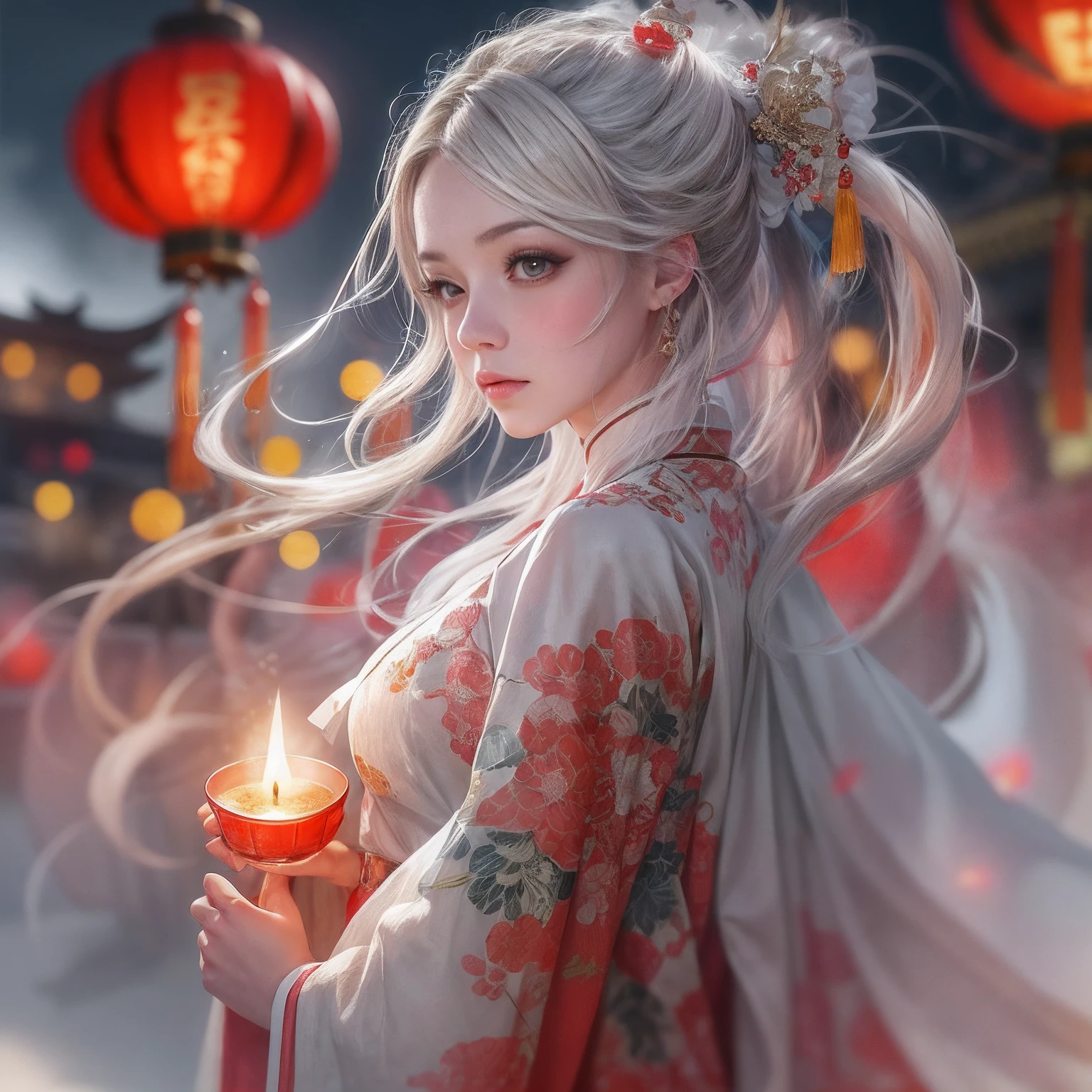 1girll,Take the candle light,anatomy correct,long whitr hair,White robe,Delicate pattern,Oriental elements,Chinese lanterns,Ink painting style, Clean colors,Red space, Soft lighting, ( Bokeh),Masterpiece, Super detailed, Epic composition, Highest quality, 4K,Chinese Ghost Festival,Middle Metaverse,The breath of a ghost,
