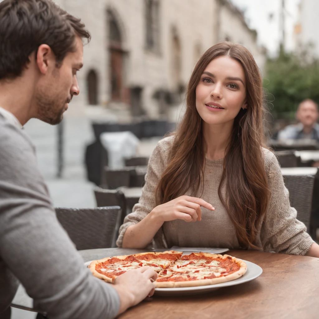 people talking around a restaurant table, with a pizza on the table, dressing jersey soccer