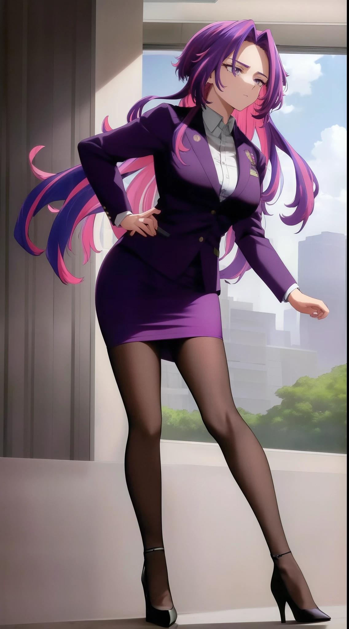 scan, (extremely detailed CG unity 8k wallpaper:1.1), highres, (1girls), lady nagant, boku no hero academia, (purple hair), (multicolored hair), (purple eyes), business suit, blazer, pencil skirt, high heels, full body, breasts, standing straight, strutting