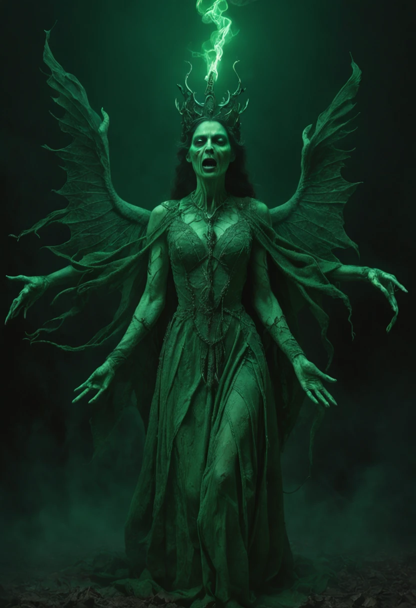 The ritual of cursing the queen, The depressive side of human nature, Alberto Seveso, art stations, Dark, and a highly detailed digital painting of a group of necromancers summoning powerful undead creatures, With a green glow and mysterious symbols in the background,With the artistic style of Ztyslav Beksiński and Wayne Barlow, The image should have a clear focus, Intricate details, And became a trend on ArtStation.