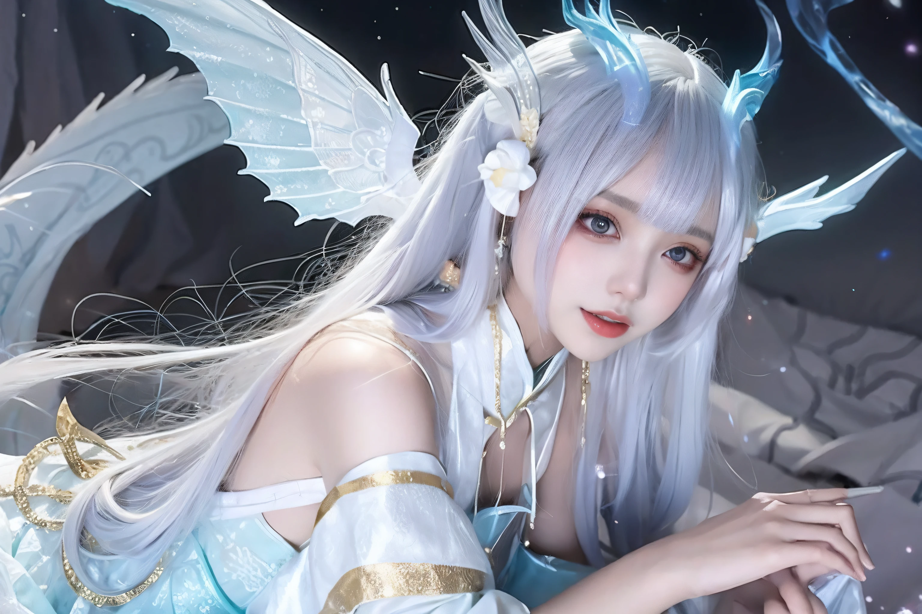 Close-up of a woman in costume on stage，full-body xianxia，beautiful celestial mage，Amazing young ethereal characters，a beautiful fantasy empress，astral witch clothes，shaxi，A flowing magic robe，white hanfu，xianxia fantasy，Beauty Delfin，Ethereal fantasy，Elegant and charming cosplay，heise jinyao,Half lying on the ground，Feminine and colorful