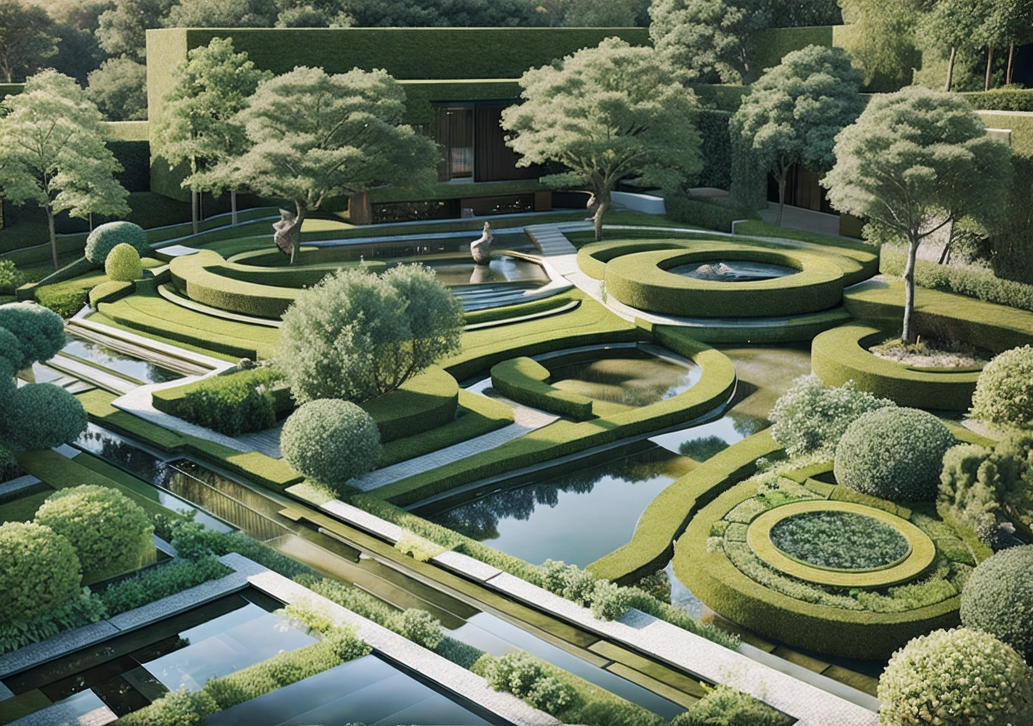 A garden with a pond and trees, Terraced orchards and ponds, landscape architecture photo, with a fishpond and courtyard, 3D render e pintura fosca, arquitetura realista, architecture visualisation, award winning render, architectural 3 d render, Directed by: Zha Shibiao