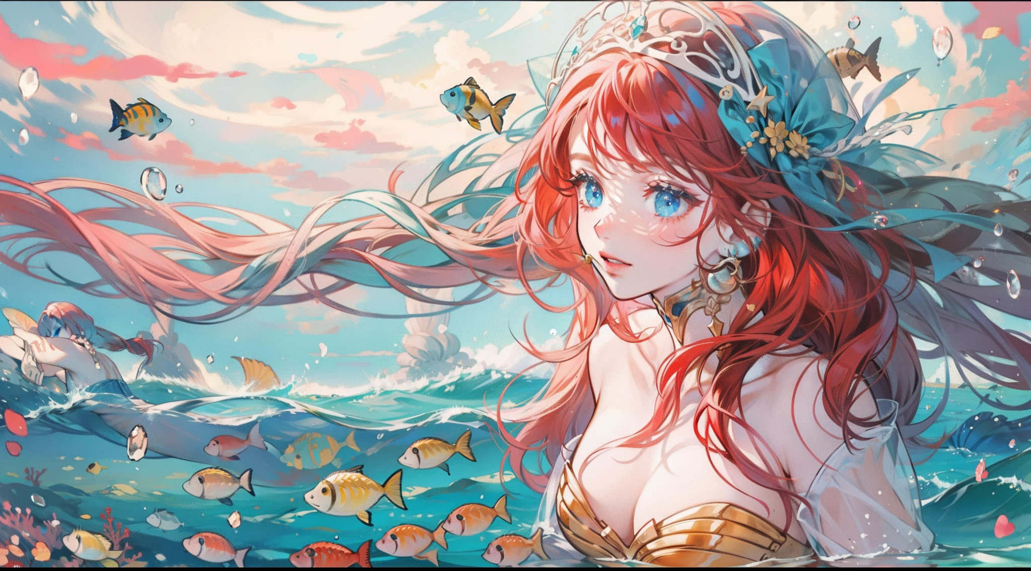 Mermaid Red hair at the bottom of the sea Ocean Mermaid princess Blue eyes Fish tail is beautiful Dreamy