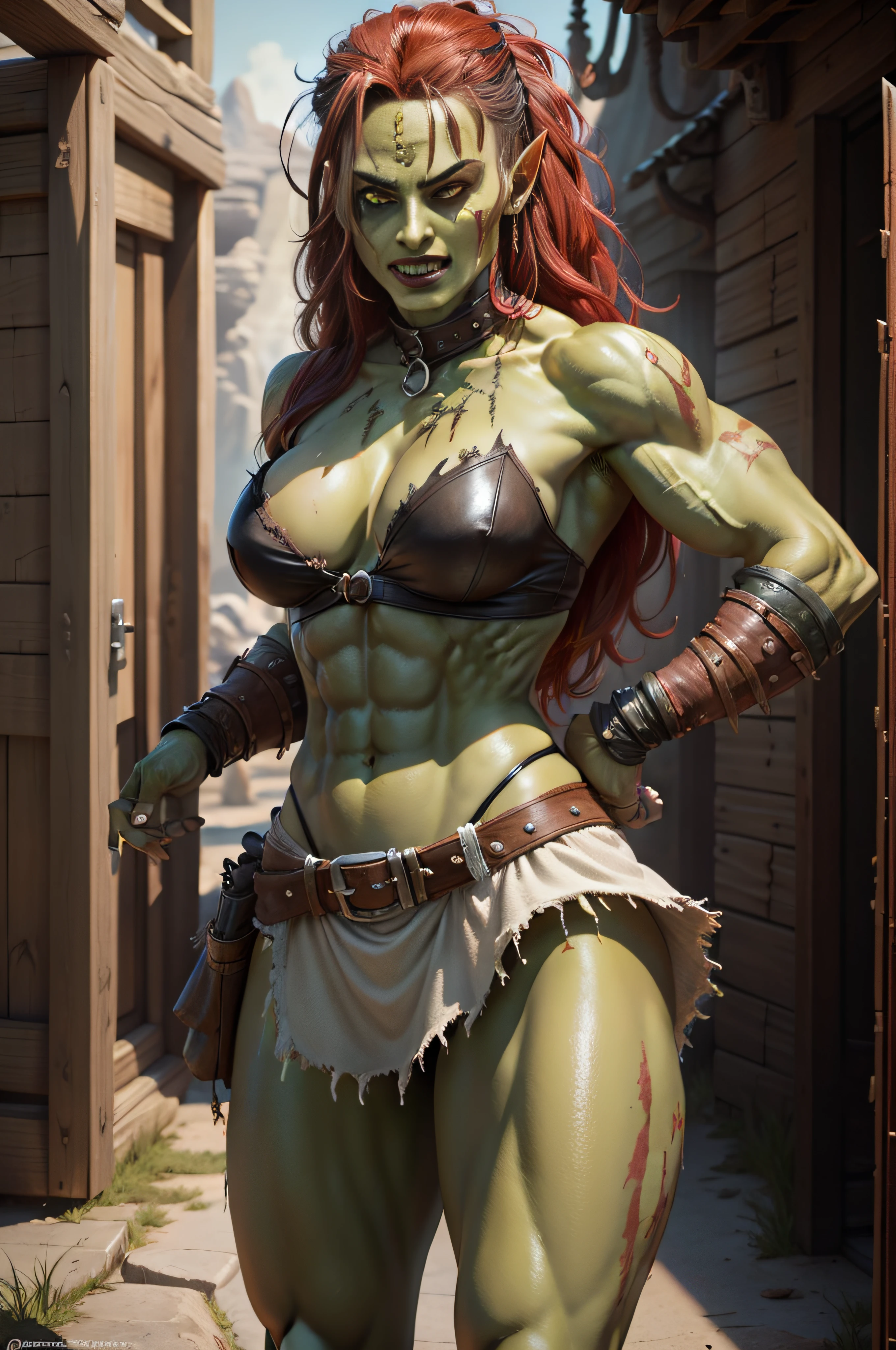 Warrior, female Orc, green skin, Female Green Orc, fangs protruding from mouth, female Orc, female Orc Warrior, female Orc, World of Warcraft, very beautiful berserker female, Muscular build, long hair, red hair, old leather clothing , ragged clothes, torn clothes, short leather skirt, leather bra (RAW photo)(8k UHD)(DSLR)(soft lighting)(high quality)(filmic grain)(Fujifilm XT3)(master part, full body, extremely high quality, photorealistic, highly detailed, octane rendering, Unreal Engine, HD 8K, soft cinematic light, hyperdetailed, hyperrealistic skin texture, best quality, ultra high resolution, soft tones, gaze at viewer, realistic 3D anime)(((desert)))(((savannah)))(((red hair)))(((green skin)))