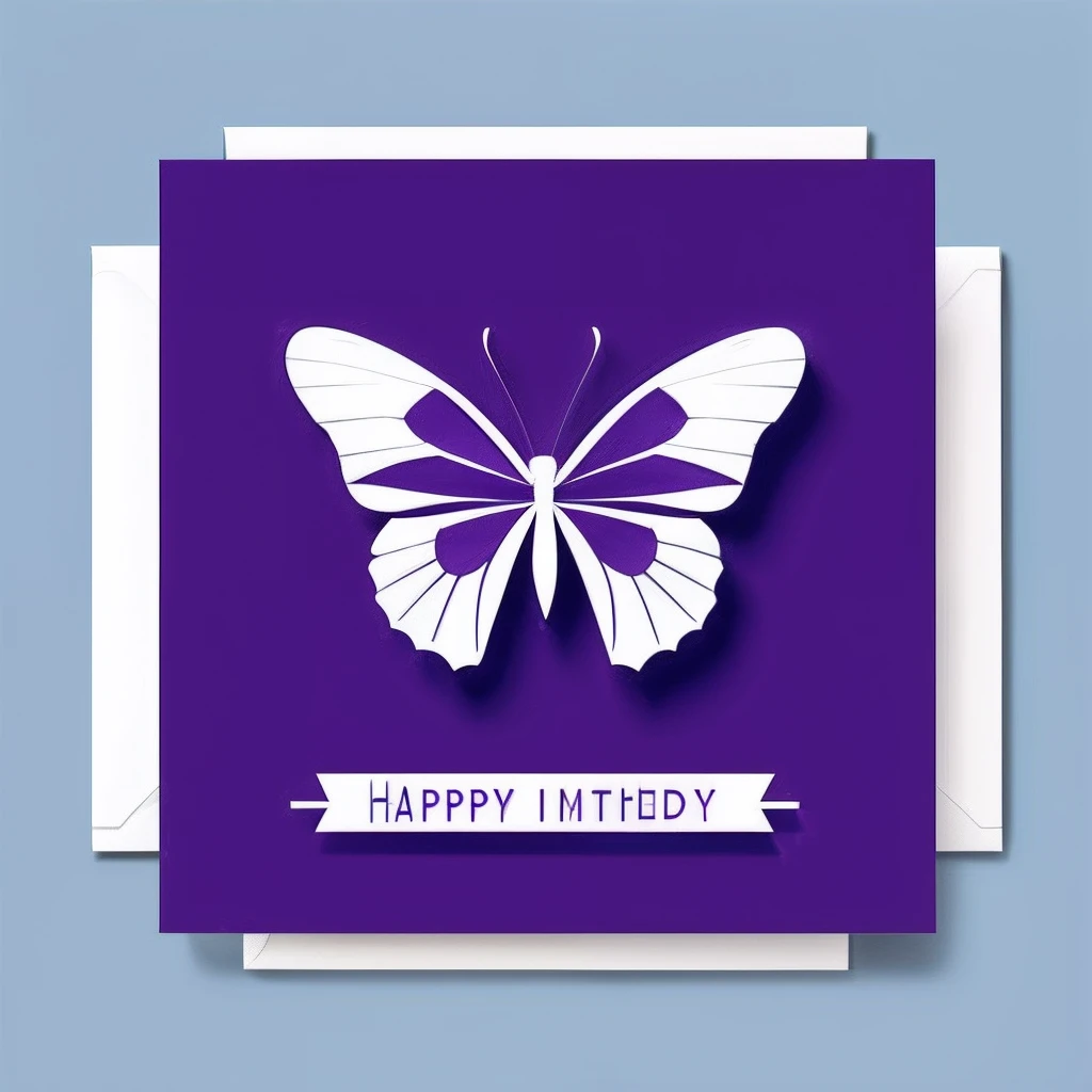 A modern Birthday greeting card design , stylish, violet and white colour, white background,butterfly,  realistic, minimal design