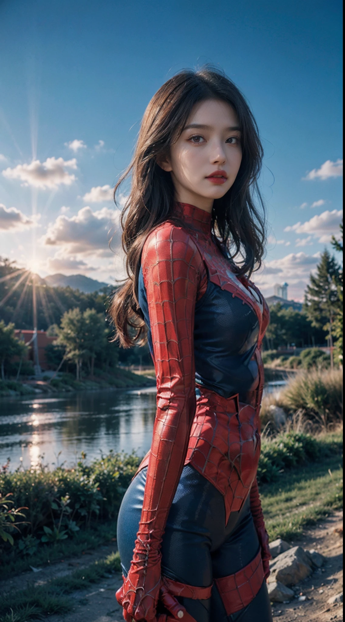 (wearing spiderwoman_cosplay_outfit:1.1), in front of a sky, (red and blue outfit:1.3),
good hand,4k, high-res, masterpiece, best quality, head:1.3,((Hasselblad photography)), finely detailed skin, sharp focus, (cinematic lighting), night, soft lighting, dynamic angle, [:(detailed face:1.2):0.2], medium breasts, outside,