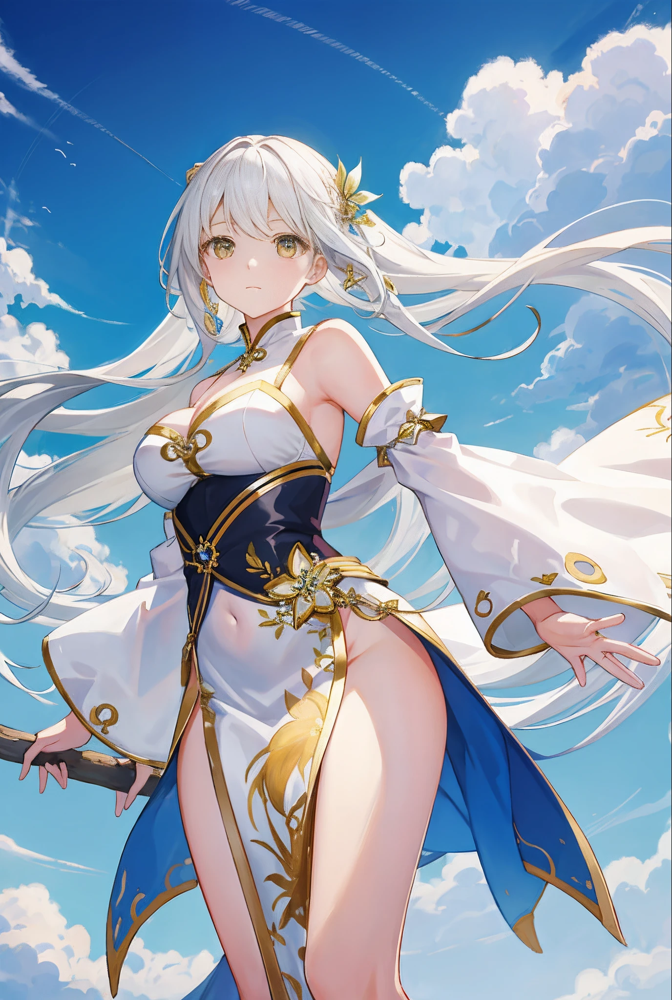 Masterpiece-level CG artwork，The painting style is fresh and soft。The theme is a beautiful girl with fairy air，Golden eyes with smooth and fair skin，The trimmed white coat patted in the wind，Long white hair dangling，The gesture of looking up at the sky is extremely beautiful，Hair flutters in the wind，The side braids are elegant and attractive。The unique composition of the upper body of the picture highlights the exquisite beauty of the beautiful girl，Simplicity with endless charm，huge tit，The cleavage is exposed