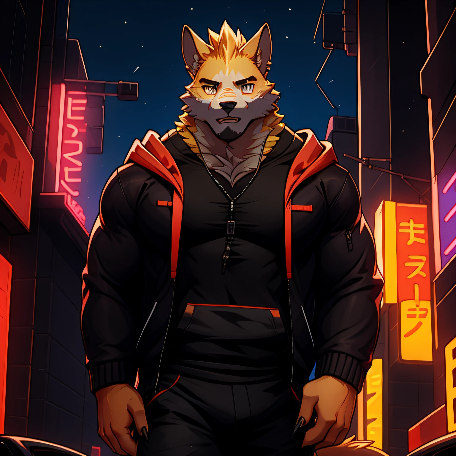 cooper krager， 独奏， looking at viewert， The shirt， 1boy， jaket， malefocus， opened clothes， hooding， Black shirt， hoody， musculous， chest muscle， big muscular male， Bala， jaqueta com capuz， Sharp nails， nightcity， neonlight， hairy pubic， Yellow fur， Black colored eyes，full bodyesbian