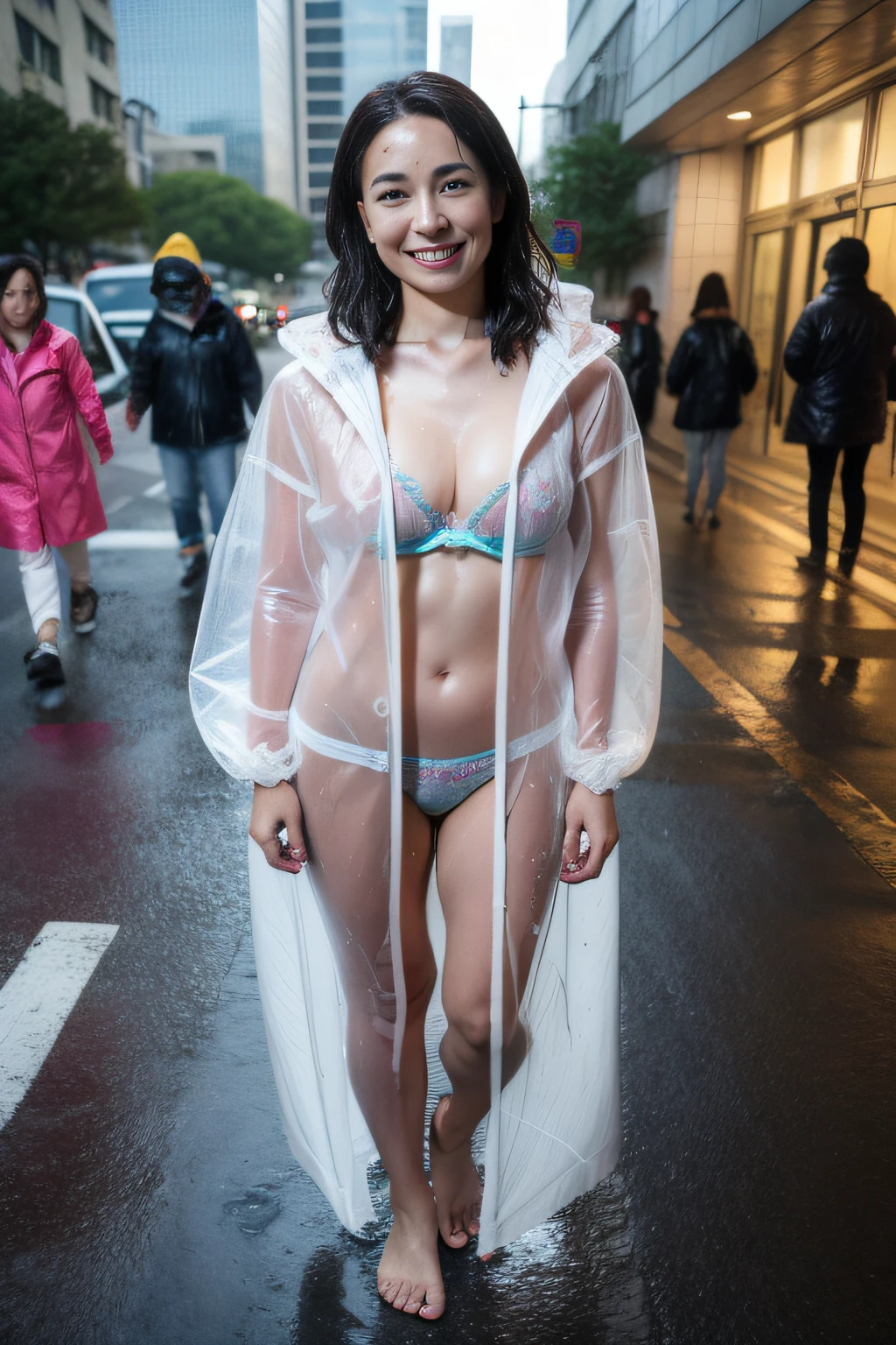 Naked_Transparent raincoat hood down,（bra very_panties on）、A MILF、A little ugly face,Beautie, Seductive smile、naughty expression、Heavy breathing,Full body shot, masutepiece, Best Quality, (Photorealistic:1.4), 3 point perspective, Smiling, Perfect face, Detailed face,Outdoor photography_On the streets of the city、Daytime,Sateen、On a wet street、Rain-soaked hair、Wet in the rain,Rain,Plastic raincoat translucent material functional sensation transparent