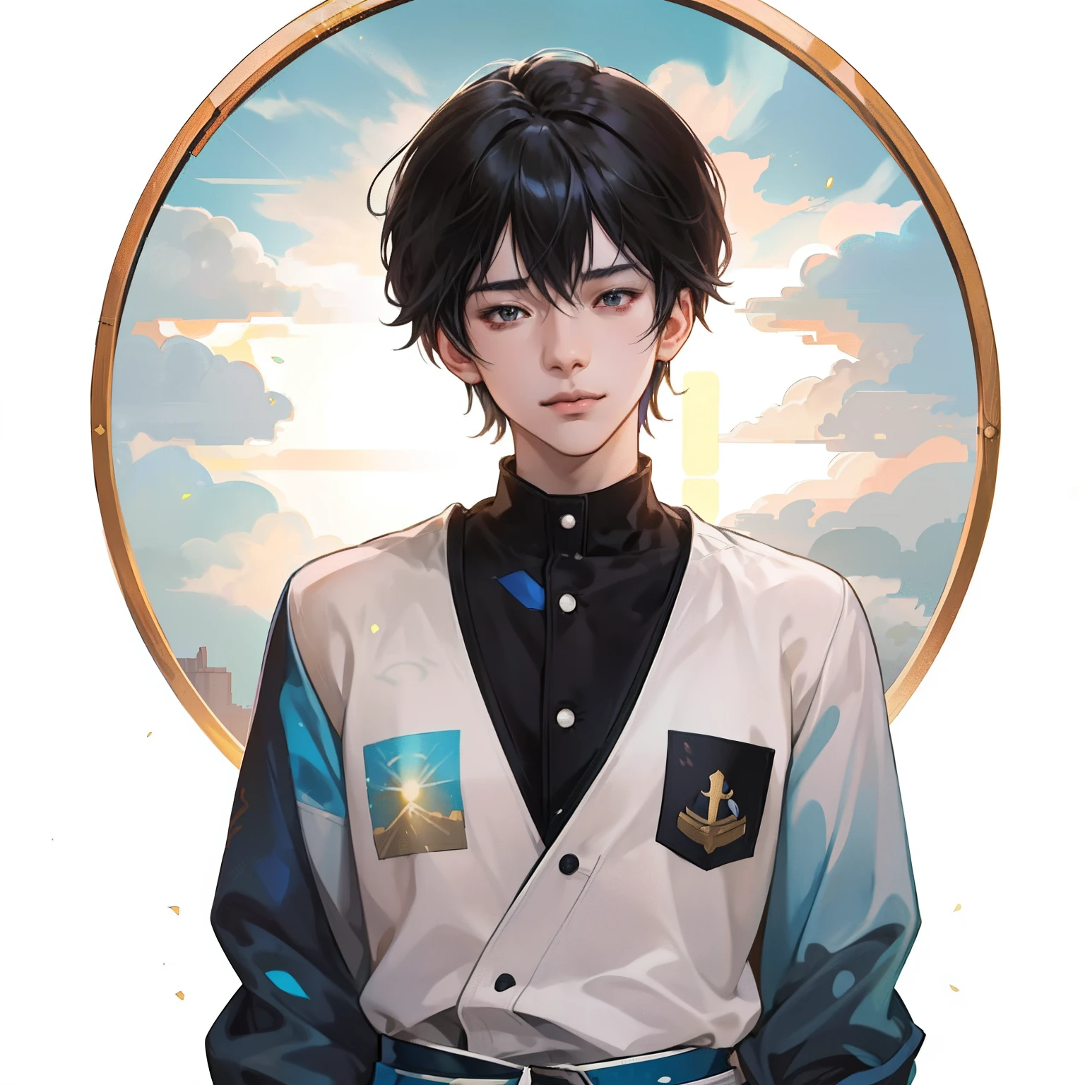 Anime - casual picture of a man in a white sweatshirt and black coat, Guviz-style artwork, Guviz, Makoto Shinkai ( apex legends ), shigenori soejima illustration, Inspired by Bian Shoumin, Middle-aged anime person, male anime character, Digital anime illustration, Portrait anime，ssmile，rays of sunshine，Warmth