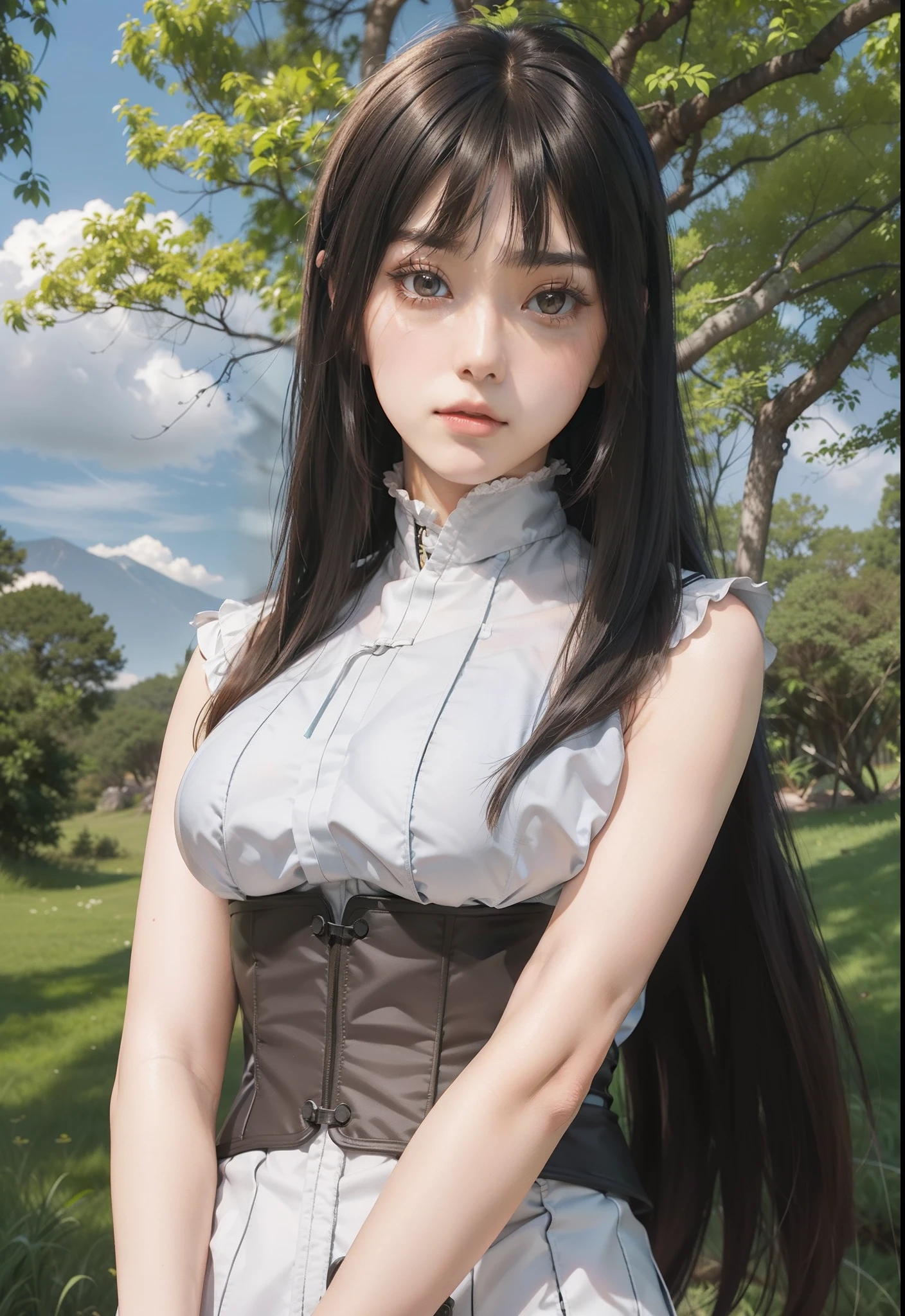 ((best quality)), ((masterpiece)), (detailed), soft colors, innocent, pure, (high-resolution:1.2) long hair, black hair, doe eyes, blue eyes, big eyes, petite, dainty, kawaii, busty, big breasts, coquette, white skin, porcelain skin, dolly, thin legs, 50s, 1950s, vintage, dark hair