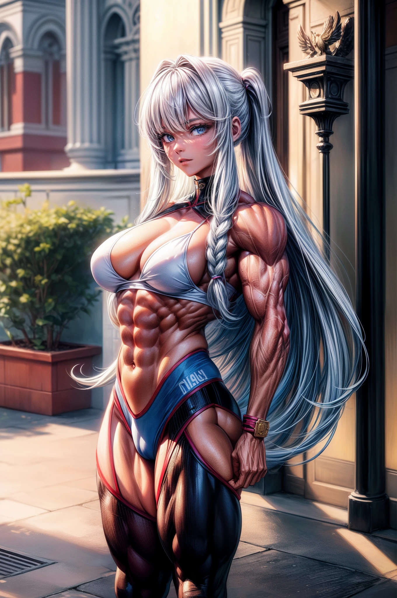 (BEST lighting) , (ultra intricately detailed) , 4K unification, (super-detailed CG: 1.2) , (8K: 1.2),(Original), (Masterpiece) , (Best quality),(Masterpiece:1.4),Anime-ish high quality,(Masterpiece),Masterpiece, Super clear picture quality，Clearer than movies，（Fine face）Best quality, absurderes,((masterpeace, 4K, 8K, Yes, A high resolution))1girll, schoolgirls，She was in the garden，Ten strong abs，standing on your feet,Exposing the abdomen， Crop topping,There are bulges of dense veins on the arms，Spring, Boots, Perfect figure, Long silver hair, Dynamic pose,Legs exposed，Strong leg muscles ((body builder:1.5)),Spring Garden,(Beautiful bace),(Girl),(Female),(((Upper body:1)))