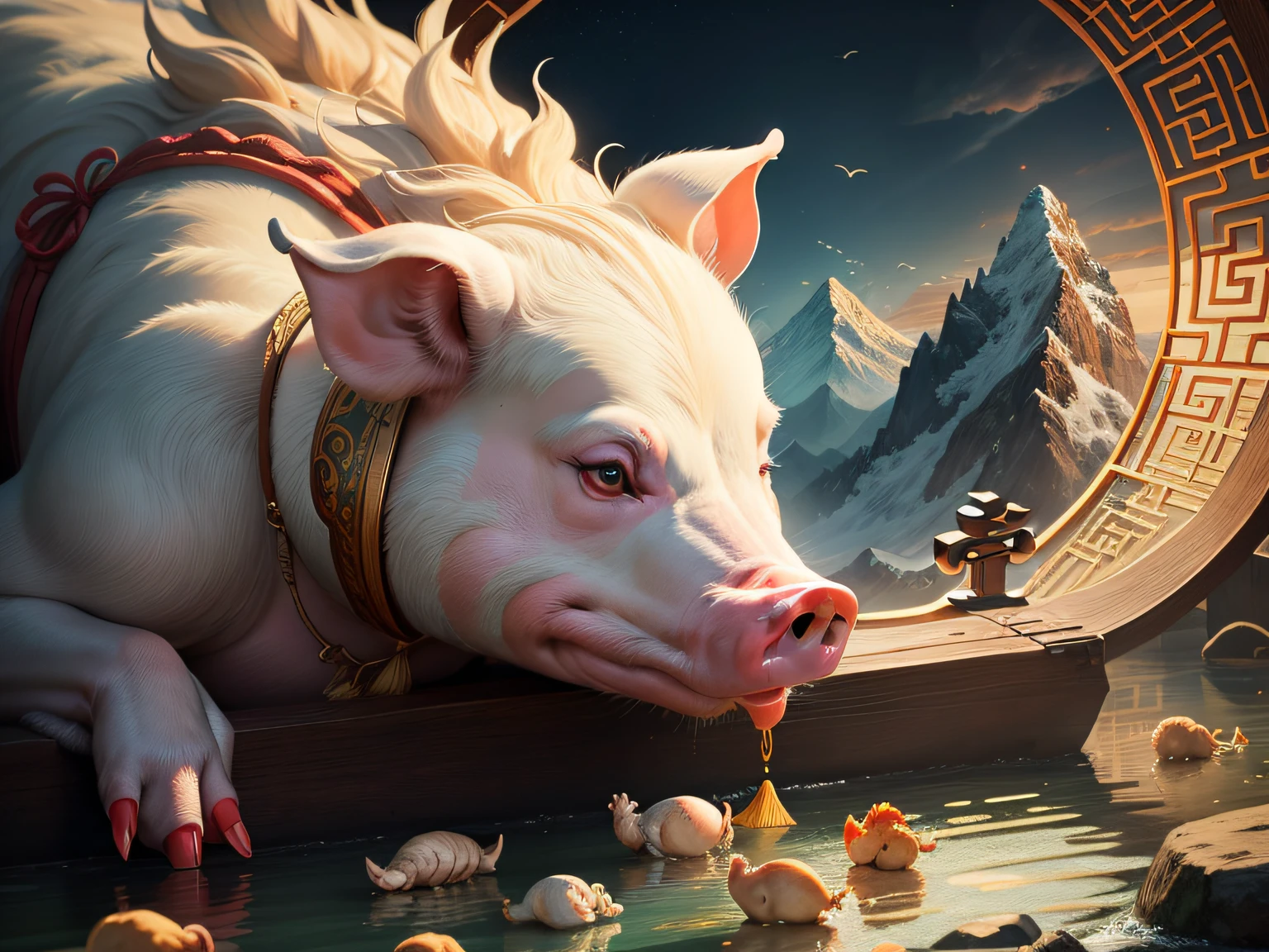 Chinese mythology and stories,Inspired by the Classic of Mountains and Seas,Close-up of a pig with chicken feet