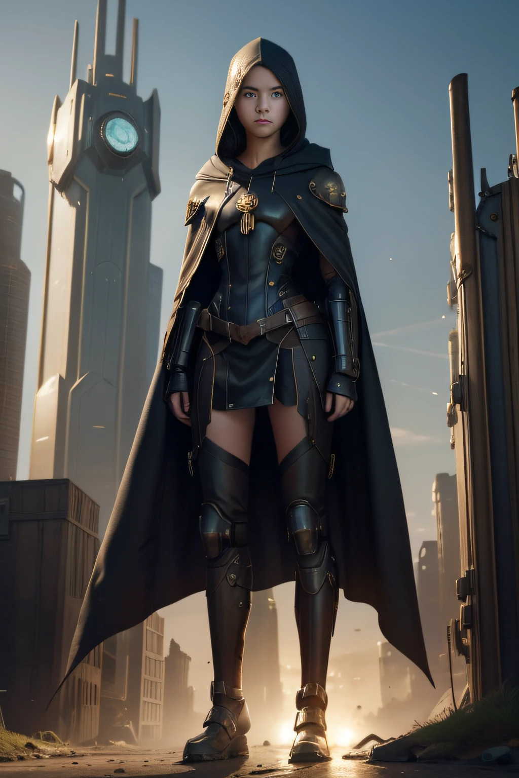 1 girl, young, 16 years old, American, full body from head to toe, Realistic, Realistic face, worried, looks over shoulder, side lighting, wallpaper, looks at viewer, futuristic steampunk buildings in background, Long cape and hood, earth ground, exterior, hold a crossbow, fight steampunk robots, dragon logo,