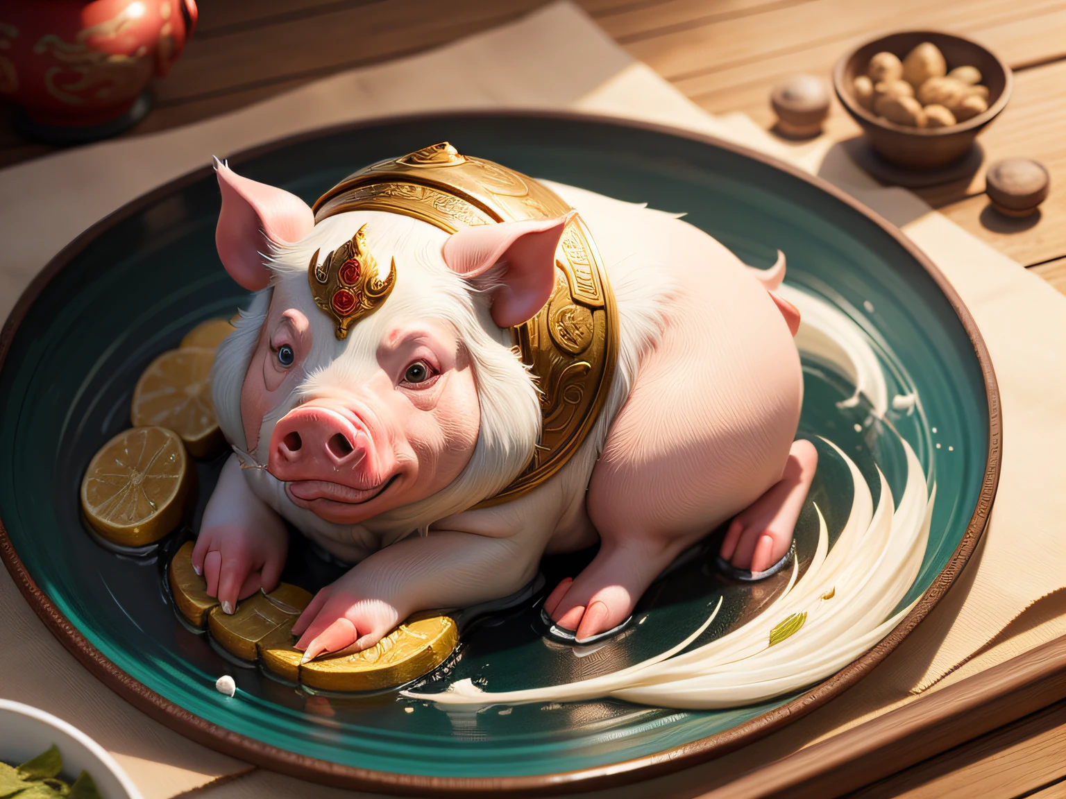 Chinese mythology and stories,Inspired by the Classic of Mountains and Seas,Close-up of a pig with chicken feet