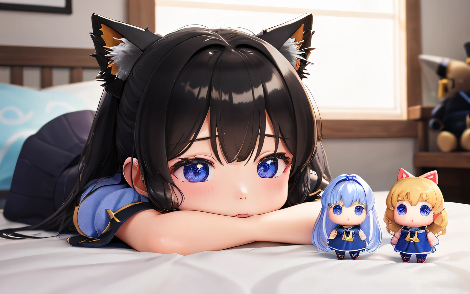 Lying face down，，Pop Mart Blind Box IP、Close up of 5 cute knight dolls、Young One Angel Style、Wear longer, Dress fluently、Lop style、Poseline doll、Little people々々々々々々々々々々々々。Little people々々々々々々々々々々々々、unreal enginee 5、Light 3D/C4D production: 8K HD quality/illuminating/Ultra-fine lens description 1.5、flawless、Chibi Background/Cinematic。