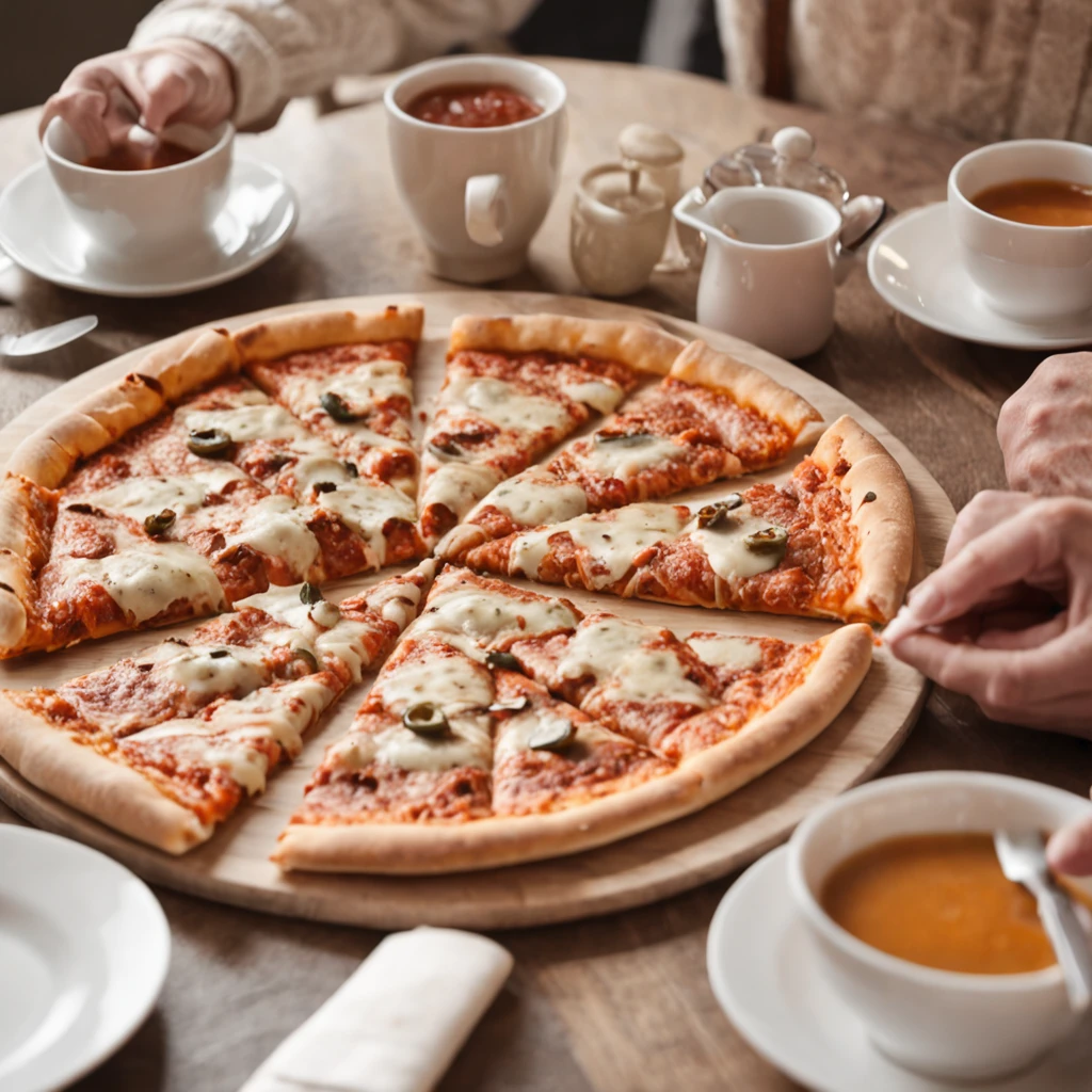 people talking around a restaurant table, with a pizza on the table, dressing soccer t-shirts