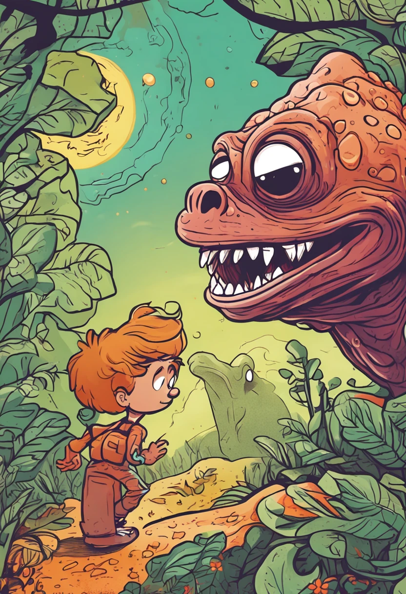 full-colour illustration, sapo como uma criatura semelhante ao ser humano, has a warm and friendly smile that lights up his face. His eyes are bright and full of curiosity, reflecting its playful and adventurous nature.