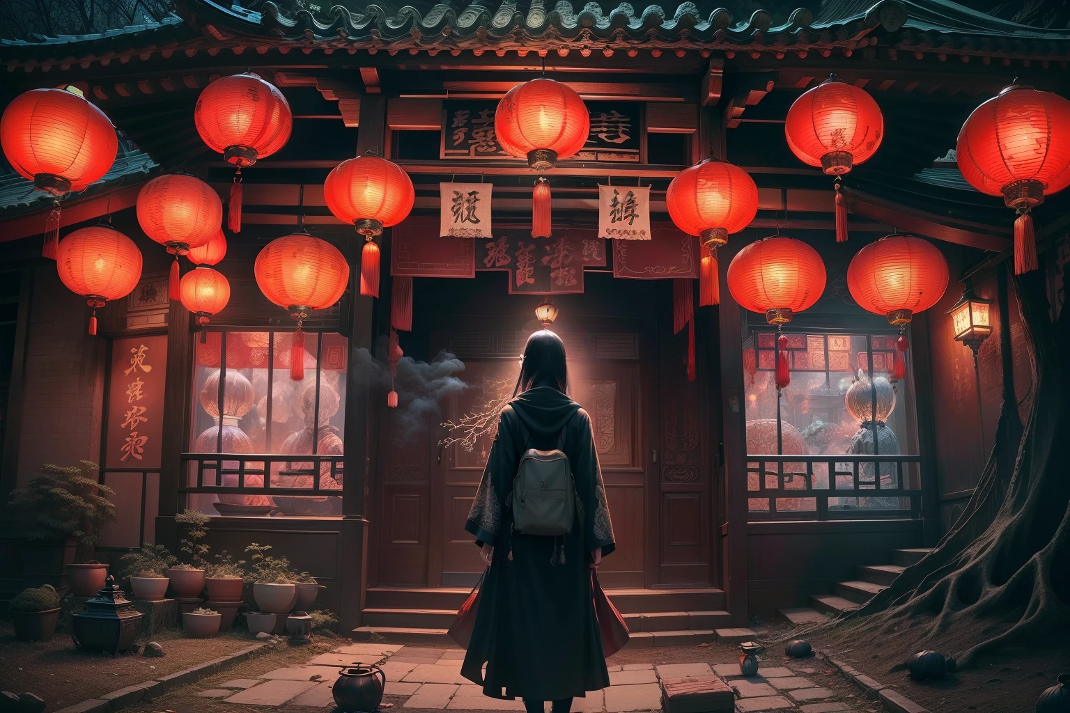 Chinese Ghost Festival,Middle Metaverse,The breath of a ghost,The streets at night,Chinese lanterns hanging from Chinese-style houses on both sides of the street,Spooky branch texture,Detailed depiction of Chinese lanterns,Transparent girl floating in smoke,Wear Chinese Hanfu,Chinese lanterns hanging from trees,shadowy lighting,The Chinese style is rich in color,Background bokeh,depth of fields,Lantern light,arte de terror,Funk,Unified 8K wallpapers,ultra - detailed,Beauty and aesthetics,tmasterpiece,Best quality at best,(zentangle,datura,Tangles,entangled:0.5)Creepy weirdness,terroral,horrid,horrid,horrid,真实感,by bruce pennington,author:Giger, tsutomu nihei, wayne barlowe, Zdzislaw Beksinski, rendering by octane, art stations, 8K, CGSesociety, cinematic ligh, high detal, wide - angle shot, iintricate