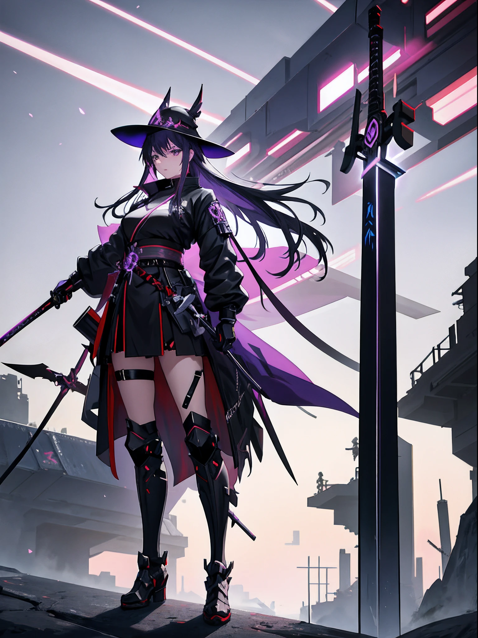 anime, female, black, purple, hat, sword, sword, sword, sword, sword, sword, sword, sword, sword, sword, sword,, dark witch character, from arknights, very beautiful cyberpunk samurai, anime cyberpunk art, mechanized witch girl, 8k high quality detailed art, best anime 4k konachan wallpaper