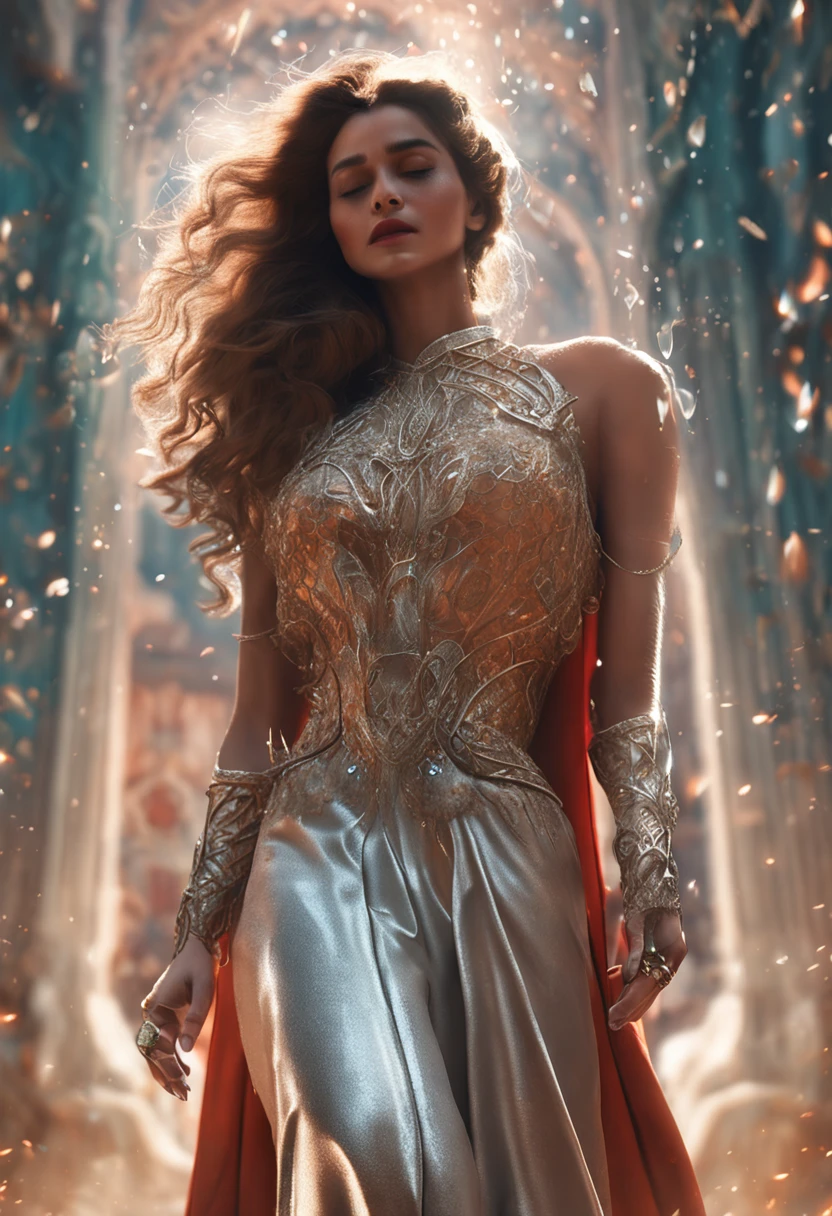 "Female figure,Enchanted expression,Elegant gesture,Meticulous garment details,Soft lighting effects,Beautifully detailed depiction,Unique style and charm,Rich emotional expression"