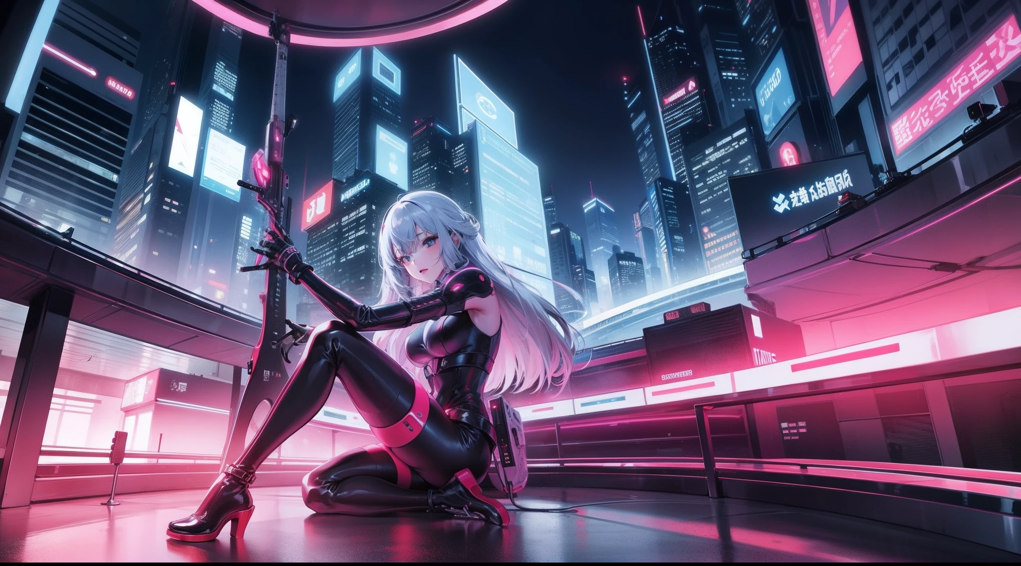 android futuristic woman sitting playing an electric guitar, futuristic city background
