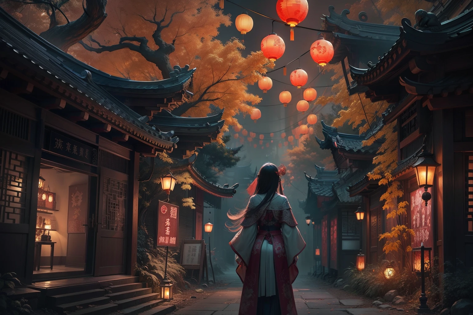 Chinese Ghost Festival，Middle Metaverse，The breath of a ghost，The streets at night，Chinese lanterns hanging from Chinese-style houses on both sides of the street，Spooky branch texture，Detailed depiction of Chinese lanterns，Transparent girl floating in smoke，Wear Chinese Hanfu，Chinese lanterns hanging from trees，shadowy lighting，The Chinese style is rich in color，Background bokeh，depth of fields，Lantern light,arte de terror，Funk，Unified 8K wallpapers，ultra - detailed，Beauty and aesthetics，tmasterpiece，Best quality at best，（zentangle，datura，Tangles，entangled：0.5）Creepy weirdness，terroral，horrid，horrid，horrid，真实感，by bruce pennington，author：Giger, tsutomu nihei, wayne barlowe, Zdzislaw Beksinski, rendering by octane, art  stations, 8K, CGSesociety, cinematic ligh, high detal, wide - angle shot, iintricate